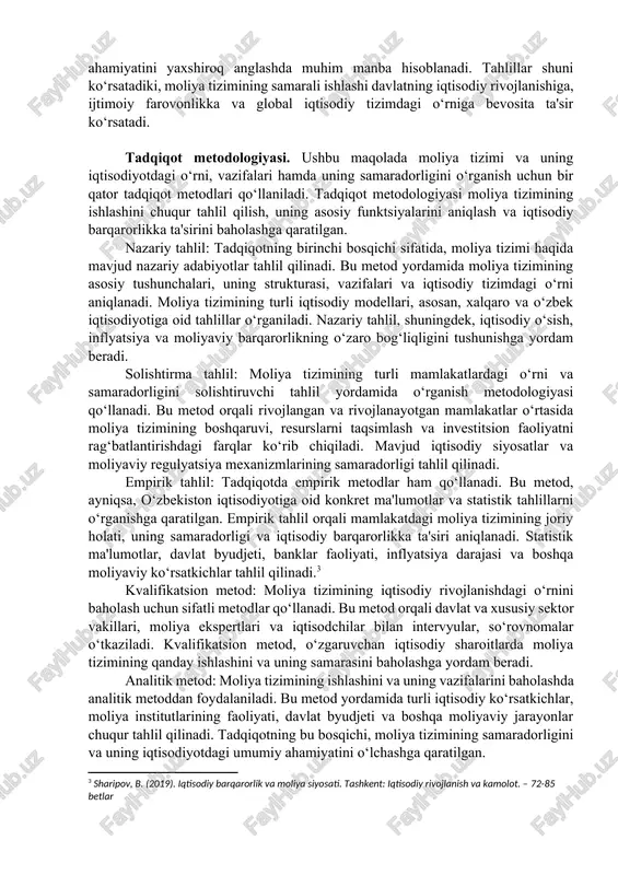ng o‘rni haqida yozgan. uning fikricha, moliya tizimi resurslarni erkin taqsimlash orqali iqtisodiy samaradorlikni oshiradi. yana bir muhim adabiyot, m. todaroning “economic development” asari bo‘lib, unda iqtisodiy rivojlanish va moliya tizimining o‘zaro bog‘liqligi tahlil qilinadi. todaro, moliya tizimining rivojlanishiga qarab, davlatlar iqtisodiy o‘sishga erishishi mumkinligini ta'kidlaydi. ushbu asar orqali moliya tizimining iqtisodiy rivojlanish va jamiyatda ijtimoiy adolatni ta'minlashdagi o‘rni aniq ko‘rsatilgan. shuningdek, o‘zbekiston iqtisodiyotini tahlil qilgan adabiyotlar ham mavjud. a. karimovning “o‘zbekiston iqtisodiyoti: rivojlanish yo‘llari” asarida moliya tizimining mamlakatdagi iqtisodiy o‘sish va strukturaviy o‘zgarishlarga bo‘lgan ta'siri keng yoritilgan. karimovning fikricha, o‘zbekistonda moliya tizimini modernizatsiya qilish va samarali boshqaruv tizimlarini joriy etish iqtisodiy barqarorlikni ta'minlashda muhim omil hisoblanadi. moliya tizimi va uning vazifalari haqidagi tahlillarni o‘rganish, shuningdek, moliyaviy barqarorlik va iqtisodiy o‘sishning o‘zaro bog‘liqligini tushunishga yordam beradi. ushbu adabiyotlar moliya tizimining iqtisodiyotdagi o‘rni va ahamiyatini yaxshiroq anglashda muhim manba hisoblanadi. tahlillar shuni ko‘rsatadiki, moliya tizimining samarali ishlashi davlatning iqtisodiy rivojlanishiga, ijtimoiy …
