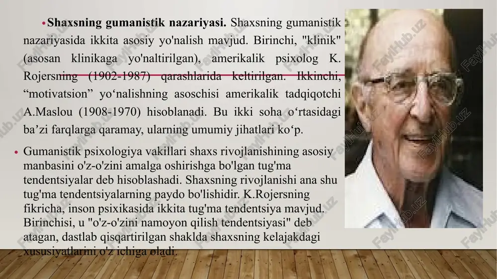 tushunchasi bilan to‘qnashamiz. psixologiyadagi umuminsoniy yo‘nalishning boshqa vakili amerikalik ruhshunos abraxam xarald maslou bo‘ladi. uning nuqtai nazariga ko‘ra, insonning asosiy ehtiyoji – bu o‘zini dolzarblashtirish, o‘zini mukammallashtirish va o‘zini namoyon etish. a. maslouning yozishicha: «o‘zini dolzarblashtiruvchi odamlarning barchasi qandaydir faoliyat bilan mashg‘ul bo‘ladi … ular bunga berilgan bo‘lib, ular uchun bu ish juda qadrli – bu o‘ziga xos layoqat». bunday turga mansub odamlar yuksak qadriyatlarni amalga oshirishga intiladilar (ular ichida – yaxshilik, haqiqat, insoflilik, go‘zallik, haqqoniylik, etuklik va boshqalar), bunday odamlar uchun bular hayotiy muhim ehtiyoj bo‘lib xizmat qiladi. shaxs tuzilishi maslou bo‘yicha tartibli tizimdan yoki ehtiyojlar darajasidan iborat. bu ehtiyojlarni tubandan yuqoriga sanab o‘tamiz: fiziologik (organik) ehtiyojlar, xavfsizlikka bo‘lgan ehtiyojlar, mansublilik va muhabbatga bo‘lgan ehtiyojlar, hurmat qilish ehtiyojlari, bilish ehtiyoji, estetik ehtiyoj va o‘zini dolzarblashtirish ehtiyojlari. inson ehtiyojlar darajasi va u yoki bu ehtiyojning shaxs tuzilishida egallagan o‘rnining o‘zgarishini belgilovchi quyidagi qonunlar mavjud: yuqoriroq darajadagi ehtiyojlar insonning quyiroq darajadagi …