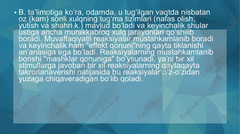 lar" ni tan oladi - bu stimullarning ta'siri va javob mushaklari harakatlari o'rtasida oraliq bo'g'in bo'lib xizmat qiladigan tananing ichki omillari. ertiboringiz uchun rahmat image1.png image2.jpeg image3.jpeg image4.jpeg image5.jpeg image6.jpeg image7.jpeg image8.jpeg image9.jpeg image10.jpeg