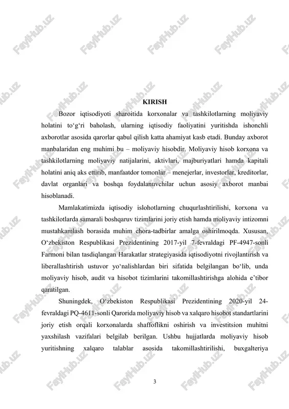 oniy, aniqligi bilan ko‘rsatish va hisobotlar orqali manfaatdor tomonlarga yetkazishdir. shu bois moliyaviy hisob va hisobotlar xalqaro standartlar asosida shakllantirilishi, shaffof va solishtiriladigan bo‘lishi zarur. ushbu kurs ishida moliyaviy hisobning nazariy asoslari, uning vazifalari, turli hisobot shakllari hamda iqtisodiy qarorlar qabul qilishdagi o‘rni chuqur tahlil qilinadi. shuningdek, moliyaviy hisobning amaliyotda qanday qo‘llanilishi, korxona faoliyatini tahlil qilish va nazorat qilishdagi roli ham keng yoritiladi.[footnoteref:2] [2: o‘zbekiston respublikasi prezidentining 2021-yil 4-apreldagi pq–5157-son qarori – "moliya sohasini transformatsiya qilish va davlat moliyasining ochiqligini ta’minlash bo‘yicha chora-tadbirlar to‘g‘risida". – [elektron manba]: https://lex.uz/ru/docs/5330146 ] kurs ishi mavzusining dolzarbligi: hozirgi vaqtda iqtisodiyotni modernizatsiya qilish va korxonalar faoliyatini bozor talablariga mos ravishda tashkil etish jarayonida moliyaviy hisobning roli keskin oshmoqda. bozor iqtisodiyoti sharoitida har bir xo‘jalik yurituvchi subyekt o‘zining moliyaviy holatini doimiy nazorat qilib borishi, faoliyatining samarasini oshirish va qarorlar qabul qilishda asosli, ishonchli va haqqoniy axborotlarga tayanishi zarur. moliyaviy hisob esa bu borada asosiy vosita bo‘lib …