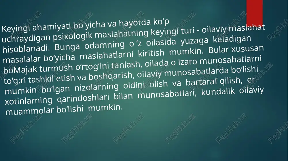 li o ‘tishi uchun qo‘lidan kelgan barcha harakatlarni qilishi talab etiladi. 3-shart. psixologik maslahat uchun sarflanadigan vaqt ancha uzoq davom etadigan bomishi kerak. bu vaqt davomida psixolog- maslahatchi mijozni bezovta qilayotgan muammoni oxirigacha tushunib olishi va muammoni hal etishning eng to‘g‘ri yomini topishi hamda mijozning o‘zi bilan bu muammoni muvaffaqiyatli hal etishi kerak. 4-shart.mijoz psixolog-maslahatchidan oigan tavsiyalariga to‘la amal qilishi kerak. aks holda mijozning muammosi hal etilishi qiyin bo‘ladi va maslahatchining tavsiyalari uning uchun harakat qiiishga ko‘rsatma emas, balki faqatgina tilakligicha qoladi. 5-sharí.psixologik maslahat qulay sharoitlarda o ‘tkazilishi kerak. bu vaziyat qanday bomishi kerakligi to‘g‘risida keyinchalik to‘xtalib o‘tamiz. hozir esa ko‘pchi!ik hollarda psixologik maslahat maxfiylik holatida 0 ‘tkaziiishi kerakligini, u psixolog-maslahatchi va mijozni uzoqlashtirishi emas, balki yaqinlashtirishi kerakligini, mijozdagi keskinlikni yo‘qotish psixolog-maslahatchi bilan ochiq-oydin munosabatda bo‘lishga imkon beradigan bolishi kerakligini aytib o‘tamiz. psixolog-maslahatchi va uning ishiga q 0 ‘y1ladigan talablar oliy va maxsus oliy psixologik ma’lumotga ega va bundan tashqari …