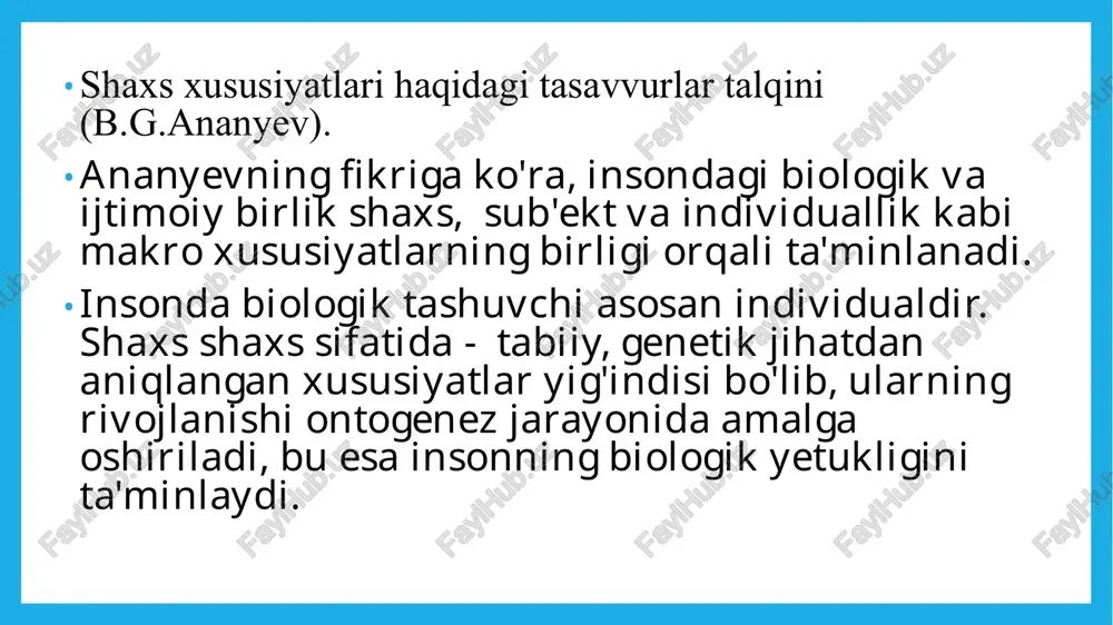 jamiyat tuzilishida tutgan o‘rni bilan aniqlanuvchi jamiyatning birligi sifatida qarash bilan bog‘liqdir. insonni biologik organizm, tur birligi sifatida hayvondan farq qiluvchi tub negizli belgisi jamiyatga tegishlilik, ijtimoiylik hisoblanadi. bundan kelib chiqadiki, shaxsni o‘rganishda dastlabki holat bo‘lib uning jamiyatdagi o‘rni, ijtimoiy munosabatlar tizimiga kiritilganligi xizmat qiladi . individuallik– bu ma’lum insonning, uning noyobligi, betakrorligi nuqtai nazaridan o‘ziga xos bo‘lgan ruhiy, fiziologik va ijtimoiy xususiyatlar yig‘indisi. antropogenezda inson evolyutsion mexanizmining gipotezasi (v.p.alekseyev). antropologik manbalar ham katta ahamiyat kasb etadi. antropologiya odam haqidagi fan bo’lib, inson suyaklari qoldiqlarini tosh davri odamidan totib, keyingi davr odamlarigacha bo’lgan ajdodlarni jismoniy qiyofasini tiklash imkonini beradi. arxeologik va antropologik manbalar ibtidoiy jamiyat va madaniyatni ma’lum tomonlarinigina ochib berib, barcha savollarga javob bera olmaydi. yer yuzi tarixida eng buyuk voqea odamzotni hayvonot dunyosidan ajralib chiqishi hisoblanadi. antropogenez (antropo va genez) –inson jismoniy qiyofasining shakllanishi,mehnat faoliyati,tili, shuningdek jamiyatning dastlabki rivojlanish jarayoni. antropognez haqida ta’limot antropologiya tarmog’i o’rganadi. birinchisining xarakteristikasida …