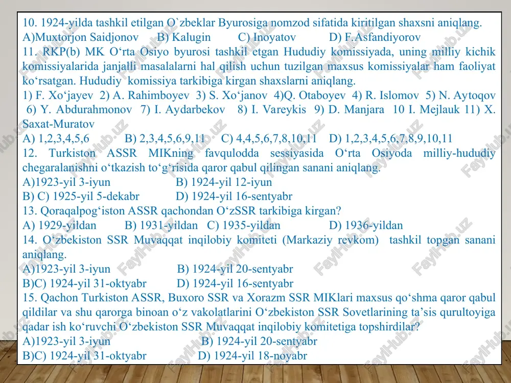 va aholisi. 1925-yil 13-fevralda buxoroda maxsus qurilgan xalq uyida butuno‘zbek (o‘zbekiston ssr) sovetlarining i ta’sis qurultoyi ochildi. qurultoy faoliyatida moskvadan maxsus kelgan butunittifoq (sssr) markaziy ijroiya qo‘mitasi raisi mixail kalinin qatnashdi va nutq so‘zladi. qurultoy qatnashchilari tomonidan 17-fevralda “o‘zbekiston sovet sotsialistik respublikasini tashkil etish to‘g‘risida deklaratsiya” qabul qilindi. deklaratsiyada yangi tashkil topgan o‘zbekiston ssr tarkibiga toshkent, samarqand, farg‘ona, qashqadaryo, zarafshon (buxoro), surxondaryo, xorazm viloyatlari va tojikiston assr kirganligi alohida ta’kidlandi. yo‘ldosh oxunboboyev o’zbekiston ssrning tuzilishi, uning hududi va aholisi. qurultoyda respublikaning oliy organlari: o‘zbekiston ssr markaziy ijroiya qo‘mitasi (o‘zssr mik) va o‘zbekiston ssr xalq komissarlari soveti (o‘zssr xks) tuzilgan. taniqli davlat arbobi fayzulla xo‘jayev o‘zbekiston ssr xalq komissarlari soveti raisi, “qo‘shchi” uyushmasi faoli yo‘ldosh oxunboboyev o‘zbekiston ssr markaziy ijroiya qo‘mitasi raisi lavozimlariga saylanishdi. bu paytda o‘zbekiston ssr hududi 312 394 km2, aholisi 3 963 285 kishi bo‘lgan (unga tojikiston assr vaqoraqalpog‘iston avtonom viloyatining hududi va aholisi kirmaydi). 1924-yil oxirida o‘rta …
