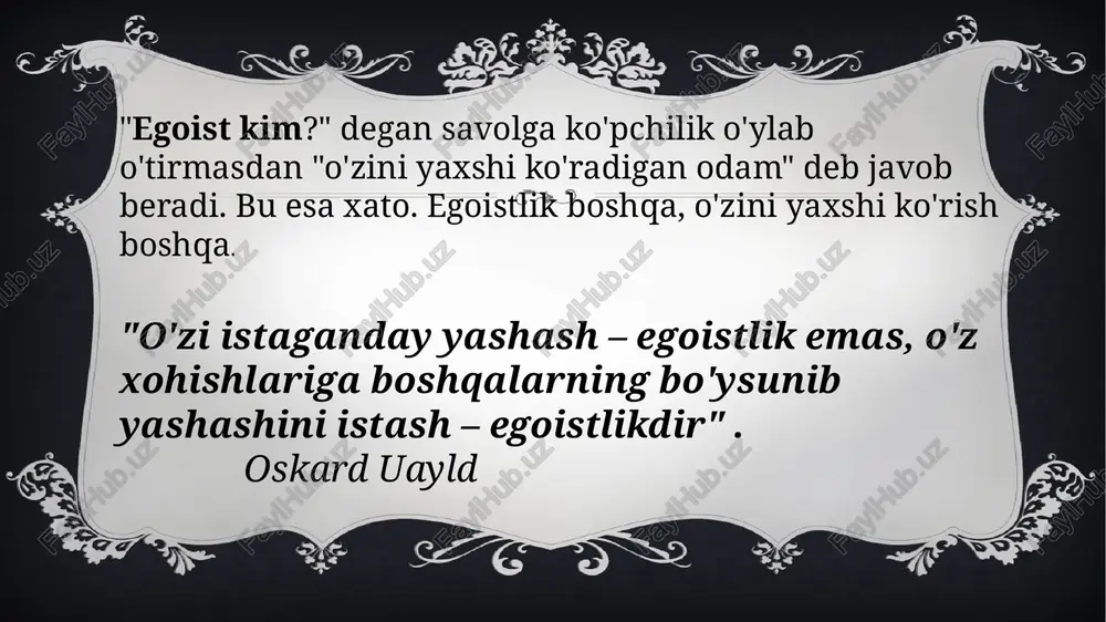 altruizm printsipi: "boshqalar uchun yasha". o.kontning fikricha, altruizm egoizmga qarama-qarshi, antonimdir va odamning shunday xatti-harakati va faoliyatini nazarda tutadi, bu bilan u boshqa odamlardan har qanday xarajatlarni talab qilishdan ko'ra ko'proq foyda keltiradi. rus faylasufi vladimir solovyov o‘zining “yaxshilikni oqlash” asarida altruizmni achinish orqali oqlaydi va uni inson tabiatining tabiiy ko‘rinishi (butun birlik), uning aksi (xudbinlik, begonalashish) esa illat deb biladi. v. s. solovyovga ko'ra, altruizmning umumiy qoidasi i. kantning kategorik imperativi bilan bog'liq bo'lishi mumkin: boshqalar sizga qanday qilishlarini xohlasangiz, ularga ham shunday qiling v. s. solovyovning so'zlariga ko'ra, altruizm "boshqa odamlar bilan ma'naviy birdamlik" deb tushuniladi. hamdardlik va hamdardlikdan kelib chiqqan altruizm altruizm turli xil ijtimoiy tajribalar, xususan, hamdardlik, boshqasiga hamdardlik, rahm-shafqat va xayrixohlik bilan bog'lanishi mumkin. yaxshiligi oila, qo‘shnichilik, do‘stona munosabatlar, shuningdek, tanish-bilishlar bilan munosabatlardan tashqarida bo‘lgan altruistlar ham xayriya, ularning faoliyati esa xayriya deb ataladi. yaxshi niyat va rahm-shafqatga qo'shimcha ravishda, altruistik harakatlar ko'pincha mehr (biror …