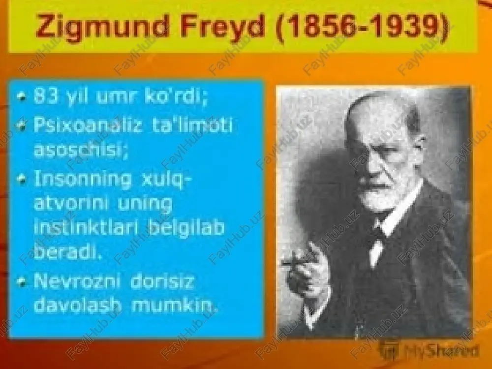 "edip kompleksi"ni yaratdilar. ularning mulohazasicha, instinktiv mayllar oʻz quvvati va faolligini saklagan holda insoniyat madaniyati va shaxs faoliyati mahsulining har xil shakllariga kirib ("sublimatsiyalashib"), ongsizlik holatidan turib inson xulq-atvorini boshqarishda ishtirok qilaveradi. psixoanalizda ongsizlik bilan onglilik oʻrtasidagi qaramaqarshi munosabatni mutlaqlashtirish uchraydi, buning natijasida ularning oʻzaro bir-birini toʻldirish imkoniyati rad qilinadi. psixoanaliz adabiyot va adabiyotshunoslik, sanʼat va sanʼatshunoslik, boshqa gumanitar fanlar va tibbiyotga taʼsir koʻrsatdi[1]. e'tiboriz uchun raxmat image1.jpeg image2.jpeg image3.jpeg image4.jpeg image5.jpeg image6.jpeg image7.jpeg image8.jpeg image9.jpeg image10.jpeg