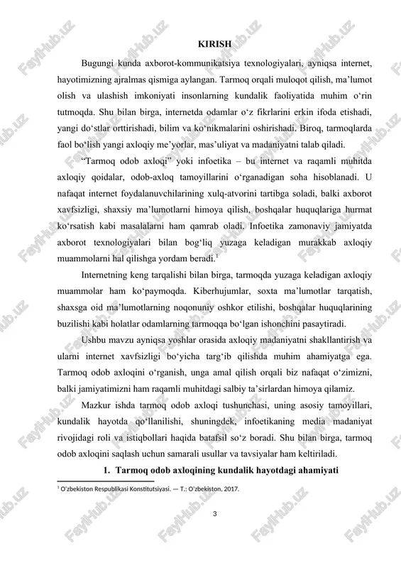 atrofdagilarni ham himoya qilishdir. axloqiy me’yorlarga rioya qilmaslik esa kiberhujumlar, ma’lumotlarni o‘g‘irlash kabi salbiy oqibatlarga olib kelishi mumkin. tarmoq odob axloqi yosh avlodni tarbiyalashda ham katta ahamiyatga ega. yoshlar internetda ko‘p vaqt sarflaydi, ularning tarmoqdagi xatti-harakatlari keyinchalik haqiqiy hayotdagi munosabatlarga ta’sir qiladi. shuning uchun ular orasida infoetika tamoyillarini singdirish, mas’uliyatli internet foydalanuvchisi bo‘lishni o‘rgatish juda zarur. xulosa qilib aytganda, tarmoq odob axloqi kundalik hayotimizda sog‘lom va xavfsiz internet muhitini yaratishga xizmat qiladi. bu nafaqat individual darajada, balki butun jamiyat uchun ham ijobiy ta’sir ko‘rsatadi, raqamli madaniyat va axborot jamiyatining barqaror rivojlanishini ta’minlaydi. shuningdek, tarmoq odob axloqi internetda shaxsiy ma’lumotlar va maxfiylikni himoya qilishda muhim rol o‘ynaydi. bugungi kunda shaxsiy ma’lumotlarning noqonuniy oshkor qilinishi, ularning kiberjinoyatchilar tomonidan suiiste’mol qilinishi ko‘plab muammolarga sabab bo‘lmoqda. shuning uchun internet foydalanuvchilari o‘z ma’lumotlarini ehtiyotkorlik bilan boshqarishlari, boshqalarning maxfiyligini hurmat qilishlari muhimdir. tarmoq odob axloqi tamoyillariga amal qilgan holda, foydalanuvchilar nafaqat o‘zlarini, balki jamiyatdagi boshqa insonlarni …