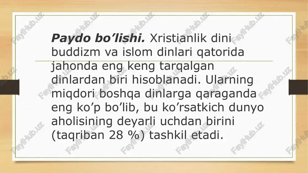 ajralib chiqishi natijasida xristianlikda protestantlik harakati vujudga keldi. buning davrasida lyuteranlik, baptizm, anglikanlik va kalvinizm cherkovlari shakllandi. bular bir cherkovning asosiy marosimlari jihatidan o’zlariga xos bo’lgan tomonlarga ega bo’lishi bilan bir qatorda, bir necha yo’nalishlar, mazhablar va oqimlarga bo’lindi. pravoslav (ortodoks) oqimi. pravoslav oqimi xristianlikning uch asosiy yo’nalishidan biri o’laroq, tarixan uning sharqiy shohobchasi sifatida shakllandi. bu oqim, asosan, sharqiy yevropa, yaqin sharq va bolqon mamlakatlarida tarqalgan. pravoslav atamasi yunoncha ortodoksiya so’zidan olingan bo’lib, ilk davr xristian yozuvchilari asarlarida uchraydi. pravoslaviyaning kitobiy asoslari vizantiyada shakllandi, chunki bu yo’nalish u yerdagi hukmron din edi. pravoslav oqimidagi diniy mansablar. pravoslav oqimidagi diniy mansablar.pravoslav cherkovida ruhoniylar uch tabaqaga bo’linadi: 1) diakon, 2) ruhoniy (svyashennik), 3) yepiskop. katolik oqimi xristianlikning yirik yo’nalishlaridan biri katolik oqimidir. u yevropa, osiyo, afrika va lotin amerikasi mamlakatlarida tarqalgan bo’lib, muxlislari taxminan 800 mln. kishini tashkil etadi. katolitsizm “umumiy, dunyoviy” degan ma’nolarni ifodalaydi. uning manbai – uncha katta bo’lmagan …