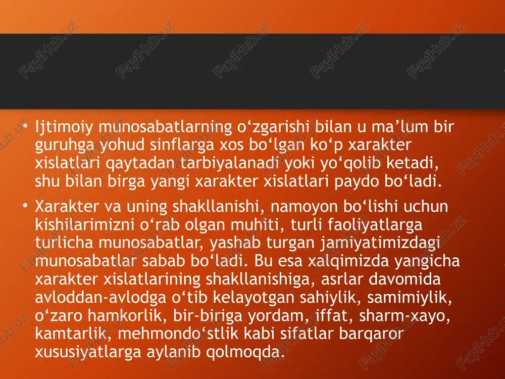 lik va barqarorlikdir. qat’iyatli, barqaror odam deb ortiqcha ikkilanmasdan, tez bir qarorga keladigan kishilarni aytamiz. qat’iyat kishining shu o‘rinda qay daraja aql-farosat bilan ish ko‘rishiga qarab turli tus oladi. qat’iyatning o‘zi, albatta, kishi yuksak g‘oyaviy va ahlokiy tamoyillarga asoslangandagina ijobiy xislat bo‘la oladi. xarakterda qat’iyatsizlik tushunchasi qat’iyatsizlik, jur’atsizlik salbiy xarakter xislatlaridandir. qat’iyatsiz, jur’atsiz kishi juda sekinlik bilan qaror chiqaradi, o‘zining chiqargan bunday qarorlarini ham, ko‘pincha, vaqtida bajarmaydi. bunday odam har xil imkoniyatli, ehtimolli va ayniqsa tavakkal bilan jur’at qilish talab etadigan ishlarni bajarishda o‘z qarorining to‘g‘riligiga ishonmay, shubhalanadigan bo‘ladi. qat’iyatsizlik bevosita ong osti faoliyatimiz bilan bog’liqdir. (z.freyd) barqaror qat’iyat xarakterning ijobiy xislatidir barqarorlik qat’iyat bilan yaqindan bog‘langan bo‘lib, ijobiy xarakter xislatidir. bunday xarakter xislatiga ega bo‘lgan odamlar, odatda, bergan. qarorlarini o‘zgartirmaydilar, bekor qilishmaydilar va bajarmay qo‘ymaydilar. bunday odamlar o‘z so‘zida, va’dasida turadigan, sahovatli bo‘ladilar; ularning so‘zi bilan ishi bir biriga mos bo‘ladi. bunday odamlar o‘z so‘zida mustahkam, ularga ishonsa, suyansa …
