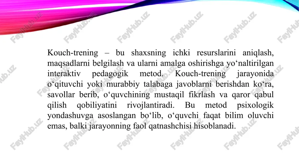 ta’siri: o‘qituvchi markazligi: bilim manbai o‘qituvchi bo‘lib, o‘quvchi ko‘proq tinglovchi sifatida qatnashadi. bu talabaga bilimlarni tizimli va ketma-ket o‘rganish imkonini beradi. standartlashtirilgan jarayon: darslar oldindan belgilangan rejaga muvofiq o‘tadi, o‘quvchi tartib-intizomni saqlashga o‘rgatiladi. qayta takrorlash va mashq qilish: bilimlarni mustahkamlash uchun o‘quvchilar ko‘p mashq va topshiriqlarni bajaradi, bu ularning bilimni eslab qolish va amaliy qo‘llash qobiliyatini oshiradi. intizom va tartib: talabalar dars davomida belgilangan qoidalarga rioya qiladi, bu esa ularning o‘quv jarayonidagi mas’uliyatini oshiradi. taqqoslash va talaba faoliyatiga umumiy ta’siri: kouch-trening talabalarni faol, mustaqil va ijodiy fikrlashga yo‘naltiradi, ularning ichki motivatsiyasini oshiradi. an’anaviy pedagogika talabalarni bilimlarni tizimli o‘rganishga, intizom va tartib-intizomni saqlashga o‘rgatadi. shu sababli, zamonaviy ta’limda har ikkala metodni uyg‘unlashtirish: talabalar bilimni tizimli o‘rganadi va shu bilan birga faol, mustaqil va ijodiy fikrlash ko‘nikmalarini rivojlantiradi. metodlarni uyg‘unlashtirish va dars jarayonida samarali qo‘llash tavsiyalari darsni rejalashtirishda integratsiya qilish: darsni qisqa ma’ruza yoki tushuntirish bilan boshlash (an’anaviy metod) va keyin interaktiv …