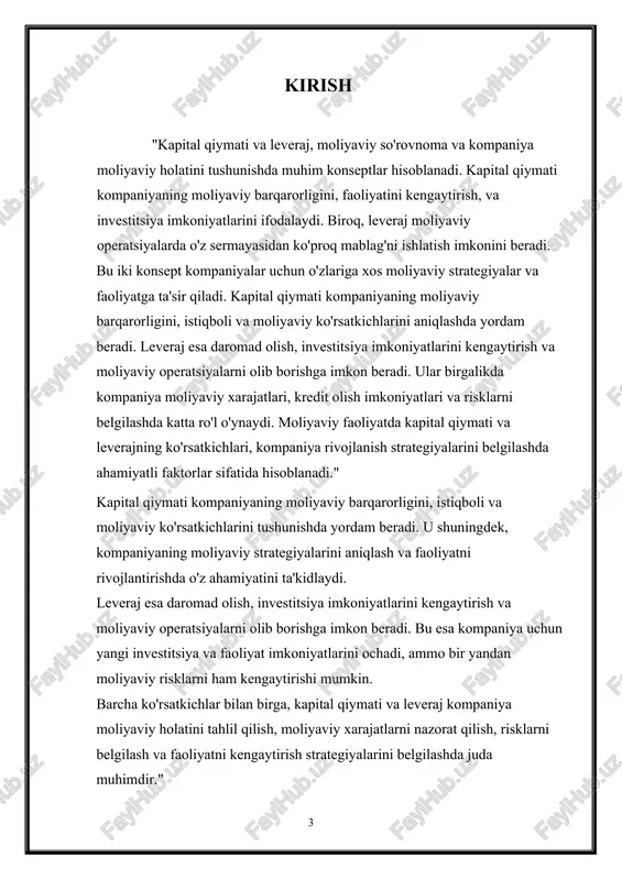 iyadorlik kapitali: bu kompaniya aktsiyadorlarining sotib olish yoki kompaniyaga investitsiya qilish uchun kiritgan mablag'lar miqdori. aktsiyadorlar kompaniyaga moliyaviy ta'minot berish uchun pul o'tkazishadi va ularga kompaniya hisobidagi bo'limlarning qismi - aktsiyalar - taqsimlanadi. maishiy kapital: bu mablag'lar, kompaniya faoliyatida iste'mol etish maqsadida egallangan mablag'lar, ya'ni kompaniyaning asosiy mablag'laridir. bu mablag'lar kompaniyaning aktivlarini va moliyaviy manbalarini sotib olish uchun qo'yingan mablag'lardir. sahifa kapitali: sahifa kapitali kompaniyaning egallangan va aktsiyadorlar tomonidan sotib olingan hissalar miqdori hisoblanadi. bu, kompaniyaning kapital strukturasining muhim qismini tashkil etadi. kapital qiymati kompaniyaning moliyaviy holatini, faoliyatini, chegirma qobiliyati va qarzdorlik darajasi tushunishda juda muhimdir. ushbu mablag'lar kompaniyalar, investorlar va moliyaviy mutaxassislar tomonidan kompaniyalar va investitsiyalar haqida qaror qabul qilishda ishlatiladi. 2. leverajni foydalanishning kompaniya uchun o'zgaruvchanliklari · daromadni oshirish va kengaytirish imkoniyati: leveraj kompaniya uchun qo'shimcha mablag'lar olish imkonini ta'minlaydi. bu mablag'lar daromad olish, yangi investitsiyalar kiritish va kompaniyaning faoliyatini kengaytirishga yordam berishi mumkin. · investitsiya imkoniyatlari: leveraj …