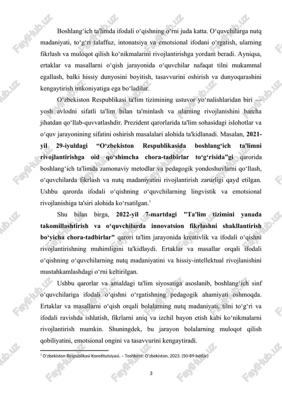 tuzilishi o‘quvchilarga so‘z boyligini oshirish, xarakterlar va voqealar orasidagi bog‘lanishni tushunish, shuningdek, voqealarni turli shakllarda ifodalashni o‘rganish imkonini beradi. bunday o‘qish orqali bolalar nafaqat axloqiy saboqlar oladilar, balki til va nutq madaniyatini shakllantiradilar. boshlang‘ich sinf o‘quvchilariga ertaklar va masallarni ifodali o‘qishni o‘rgatish metodikasini o‘rganish va amaliyotda qanday samarali ishlatishni ko‘rsatishdan iborat. bu ishda ifodali o‘qishning nazariy asoslari, uning boshlang‘ich ta'limda o‘rni va metodik yondoshuvlar haqida so‘z boradi. o‘quvchilarda ifodali o‘qish ko‘nikmalarini shakllantirishda foydalanish mumkin bo‘lgan metodlar, mashg‘ulotlar va dars ishlanmalari keltiriladi. sh.m.mirziyoyev. muammoning dolzarbligi: hozirgi kunda boshlang‘ich ta'limda o‘quvchilarga ifodali o‘qishni o‘rgatish masalasi tobora dolzarblashib bormoqda. o‘quvchilarning nutq madaniyati, so‘z boyligi va fikrlash qobiliyatlarini rivojlantirishda ertaklar va masallarni ifodali o‘qishning alohida o‘rni mavjud. o‘quvchilarga ertak va masallarda aks etgan obrazlarni ifodalash, voqealarni to‘g‘ri talqin qilish, ularga emotsional yondoshuvni ko‘rsatish, ular uchun nafaqat tilni o‘rganish, balki dunyoqarashini kengaytirish imkonini beradi. shu bilan birga, pedagogik jarayonda ifodali o‘qishning o‘rgatilishi o‘quvchilarning lingvistik va …