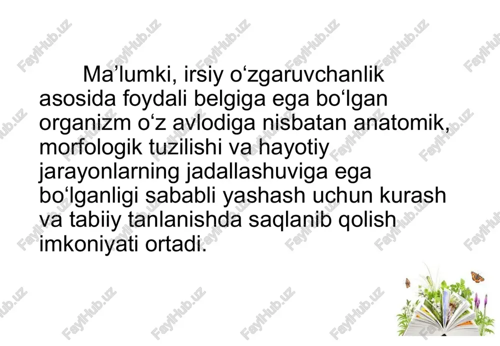 lan ko‘p tuklilarning harakat organlari reduksiyaga uchragan va ulardan kam tukli halqalilar, qadimgi kam tuklilardan esa zuluklar paydo bo‘lgan. * molluskalarning tashqi ko‘rinishi va ichki tuzilishi yuqorida keltirilgan hayvonlarning birortasiga o‘xshamaydi. lekin dengizda yashovchi ikki pallali va qorinoyoqli molluskalar lichinkasining tuzilishi ko‘p tukli halqali chuvalchanglarnikidan deyarli farq qilmaydi. shuning uchun molluskalar va halqali chuvalchanglar qadimgi bitta umumiy ajdoddan kelib chiqqan deyish mumkin. * bo‘g‘imoyoqlilar halqali chuvalchanglardan kelib chiqqan. yupqa kutikulasi pishiq tayanch skeletga aylandi, yurish oyoqlari paydo bo‘ldi. gavdaning oldingi bo‘g‘imlaridan bosh paydo bo‘lgan, orqa qon tomiri kengayib, yurakni hosil qilgan. * xordalilar orasida lansetnik eng tuban tuzilgan bo‘lib, uning ayirish organlari tananing ikki yoni bo‘ylab juft-juft joylashganligi, bosh miyasining rivojlanmaganligi, qon aylanish sistemasining tuzilishi va yuragining bo‘lmasligi bilan halqali chuvalchanglarga o‘xshab ketadi. bu belgilar tuban tuzilgan xordalilarning halqali chuvalchanglardan kelib chiqqanligini ko‘rsatadi. * qadimgi xordalilarning boshqa bir guruhi faol yirtqich hayot kechira boshlagan. shu tariqa hozirgi akulalarga o‘xshash tog‘ayli …