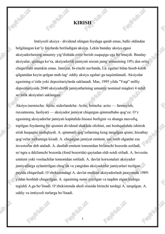 iy aktsiyalar egalariga berilgan imtiyozlar, kompaniya boshqarishida va moliyaviy operatsiyalarda farqlilik yaratadi. bu imtiyozlar va farqliliklar esa investorlarga va kompaniya egalariga moliyaviy va huquqiy manfaatlar keltirib chiqaradi. jamiyatning ustavida har bir turdagi imtiyozli aksiyalar bo‘yicha dividend miqdori va (yoki) jamiyat tugatilganda to‘lanadigan qiymati (tugatish qiymati) belgilanishi kerak. dividend miqdori va tugatish qiymati qat'iy belgilangan pul miqdorida yoki imtiyozli aksiyalarning nominal qiymatiga nisbatan foizlarda belgilanadi. dividend miqdori va imtiyozli aksiyalarning tugatish qiymati, agar jamiyat ustavida ularni aniqlash tartibi yoki dividendning eng kam miqdori, shu jumladan jamiyat sof foydasiga nisbatan foiz sifatida belgilangan bo‘lsa ham aniq hisoblanadi. agar kompaniyaning ustavida faqat uning maksimal miqdori ko'rsatilgan bo'lsa, dividend miqdori aniq hisoblanmaydi. dividend miqdori belgilanmagan imtiyozli aksiyalar egalari oddiy aksiyalar egalari bilan teng asosda va teng miqdorda dividendlar olishga haqli. agar jamiyatning ustavida har biri uchun dividend miqdori belgilanadigan ikki yoki undan ortiq turdagi imtiyozli aksiyalar nazarda tutilgan bo‘lsa, jamiyat ustavida ularning har biri …