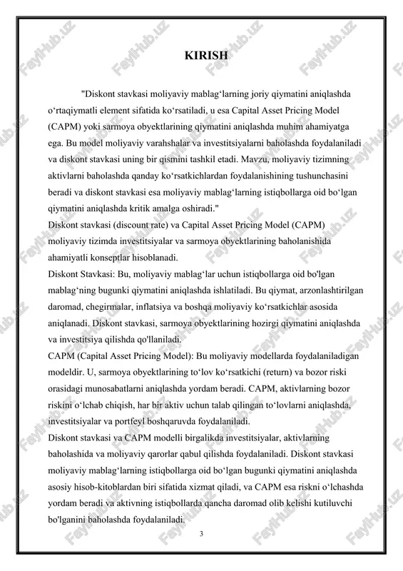 lan, aktivlarni baholashda, investitsiyalarni moliyaviy baholashda, moliyaviy riskni o‘lchashda foydalaniladigan modellar hisoblanadi. diskont stavkasi moliyaviy mablag‘larning hozirgi qiymatini topishda qo‘llaniladi, va capm esa aktivlarning riskini va talab qilinadigan to‘lovni aniqlashda yordam beradi. 2. capm modeli qanday ishlaydi va diskont stavkasi uning qanday bir qismini bildiradi diskont stavkasi, bozor riski miqdorini hisoblashda va sarmoya obyektlarining to'lovini baholashda foydalaniladi. capm esa aktivning to'lov ko'rsatkichini aniqlashda yordam beradi, va diskont stavkasi uning formulasi ichidagi bir qismini ifodalaydi - ya'ni risk-free rate (risksiz stavka) hisoblashda yoki bozor riski miqdorini aniqlashda foydalaniladi. 3. diskont stavkasi moliyaviy baholashda qanday ahamiyatga ega diskont stavkasi (discount rate) moliyaviy baholashda ahamiyatli bo'lib, moliyaviy varahshalar, investitsiyalar va moliyaviy qarorlar qabul qilishda kritik bir qismini tashkil etadi. ahamiyatlaridan ba'zilari quyidagilardir: investitsiya qilishda yordamchi: diskont stavkasi, investitsiyalar va sarmoya obyektlarini baholashda yordam beradi. u investitsiya qilishga oid moliyaviy ma'lumotlar, masalan, moliyaviy darajalar, to'lovlarning kutilayotgan daromadi kabi,ni oshirishda qo'llaniladi. sarmoya obyektlarining qiymatini aniqlashda …