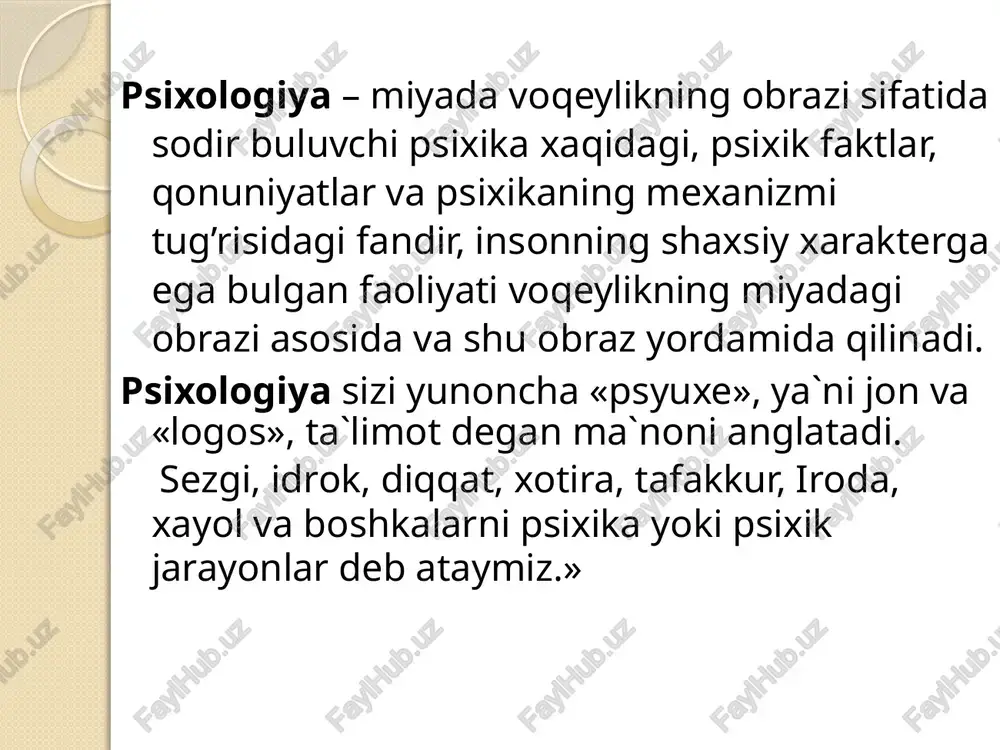 dual xususiyatlari deb ataladigan xususiyatlari; odamning temperamenti (mijoz), harakteri (fe`l atvori), qobiliyati, extiyoji, mayl va xavaslari xam psixika soxasiga kiradi. psixik (ruxiy) xodisalarning butun majmui odatda psixika degan so’z bilan ataladi. psixika o’ziga aloxida bir olam emas: organik xayotning yuksak formalaridan bo’lib, faqat xayvonlar bilan odamga xosdir. odam psixikasi xayvonlar psixikasidan sifat jixatidan farq qilib odamda psixik xayotning yuksak formasi-ong bor. odam ongli zotdir. psixik xayot xodisalari juda xilma-xil bo’lib bir-biri bilan o’zaro bog’langan bo’ladi. psixologiyaning vazifasi ana shu bog’lanish va munosabatlarning qonuniyatlarini ochib berishdir. psixik xodisalar va butun psixika rivojlanib kelgan va rivojlanmokda. psixologiya psixik xayot xodisalari yoki qisqacha qilib aytganda psixikadan baxs yuritadi. yangi davr va psixologiya. psixologiya soxasida mukammal darsliklar yozila boshlangan davrga sal kam 160 yil bo’ldi. shu davr ichida juda ko’plab ilmiy tadqiqot natijalarini o’z ichiga olgan monografiyalar, darsliklar, kullanmalar yozildi. xx asr va uning erishilgan yutuklaridan eng muximi shu bo’ldiki, texnika, elektronika va boshka …