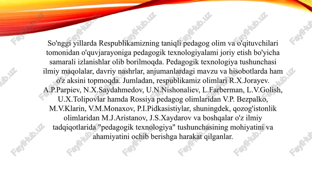 an o’quv maqsadiga erishishning oqilona usullarini aniqlashdan iborat»deb tushuntiradi. shuningdek, olima zamonaviy o’qitish texnologiya-si haqida fikr yuritib, uni alohida fan sifatida qarash lozimligini o’qtiradi: «o’qitish texnologiyasi – bu o’quv jarayonini nima real tavsiflasa o’sha, o’qituvchiga o’rnatilgan maqsadlarga erishish uchun nimaga tayanish zarur bo’lsa o’sha» bu alohida fan . v.p. bespalko pedagogik texnologiyani amaliyotga tatbiq qilinadigan muayyan pedagogik tizim loyihasi sifatida belgilaydi. u pedagogik tizim texnologiyalar ishlab chiqish uchun asos boladi, deb hisoblaydi. bunda asosiy diqqat o‘quv-pedagogik jarayonni oldindan loyihalashga qaratiladi, didaktik vazifa va o‘qitish texnologiyalari tushunchasidan foydalaniladi. shu tariqa v.p. bespalko o‘quv jarayonini loyihalash g‘oyasini ilgari suradi. afsuski, hozirigi qadar pedagogik texnologiya va loyiha tushunchalari haqida aniqlik yo‘q. n.f.talizina har bir pedagog real pedagogik jarayonni tashkil etishdan oldin o‘quv jarayoni haqida texnologik darajada bilimlar tizimini bilib olgan bo`lshi shart deb hisoblaydi, u fan va amaliyot oralig‘ida tamoyillarni olg‘a suruvchi, metodlar ishlab chiquvchi, ulami izchil qo‘llash kabi masalalar bilan shug‘ullanuvchi alohida …