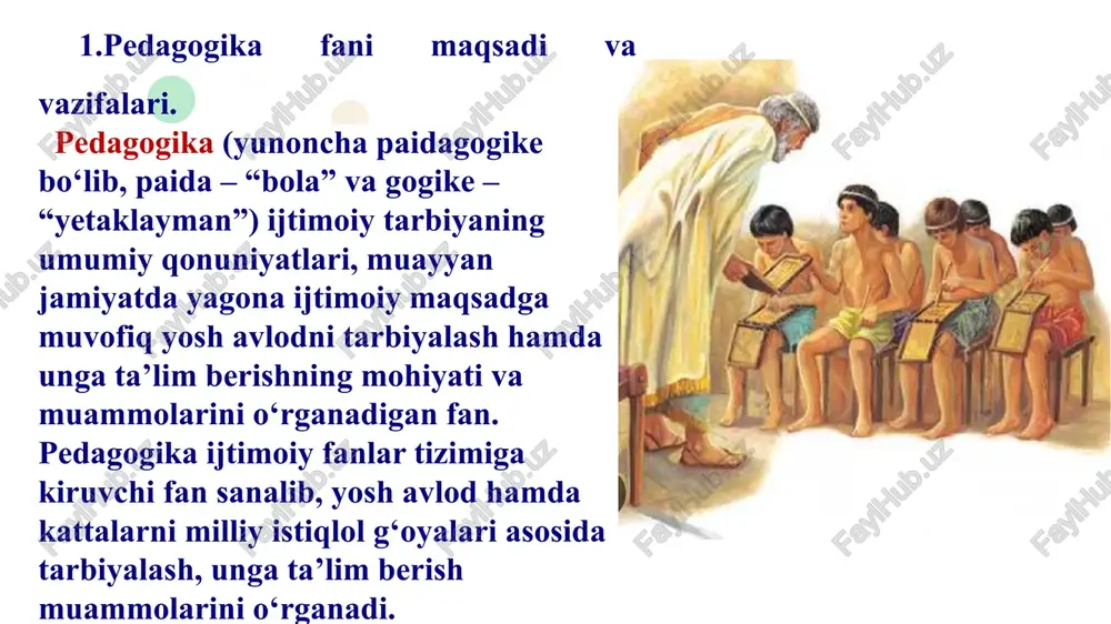 etishda alohida o‘rin tutadi. estetika - shaxs tomonidan go‘zallikning idrok etilishi, uni yaratishga intilishi, shuningdek, estetik didni tarbiyalashda muhim yo‘nalishlarni aniqlashga xizmat qiladi. iqtisod - ta’lim muassasalarining faoliyatini yo‘lga qo‘yish, o‘quv binolarini qurish, ta’lim-tarbiya jarayonlarini tashkil etish va ularning moddiy-texnika va zamonaviy texnologiyalar bilan jihozlash kabi masalalarning iqtisodiy jihatlarini anglashga xizmat qiladi. gigiena - o‘quvchilarning salomatligini muhofazalash, ularni jinsiy jihatdan to‘g‘ri shakllantirishga nazariy va amaliy g‘oyalarni taqdim etadi. psixologiya - shaxsda ma’ naviy-axloqiy, ruhiy-intellektual, hissiy-irodaviy sifatlarni tarkib toptirish uchun zamin yaratadi. tarix - pedagogika fani taraqqiyoti, ta’ lim-tarbiya jarayonlarining dinamik, dialektik xususiyatlarini inobatga olish, shuningdek, tarixiy tajribani yosh avlodga o‘rgatish uchun manba bo‘lib xizmat qiladi. madaniyatshunoslik - o‘ quvchilarda insoniyat tomonidan yaratilgan moddiy va ma’naviy madaniyat asoslari haqidagi tasavvurni shakllantirish, ularda madaniy xulq-atvor xislatlarini tarkib toptirish uchun xizmat qiladi. tibbiy fanlar - shaxsning fiziologik-anatomik jihatidan to‘g‘ri rivojlani-shini ta’minlash, uning organizmida namoyon bo‘layotgan ayrim nuqsonlarni bartaraf etishga amaliy yondashuv, shuningdek, nuqsonli …