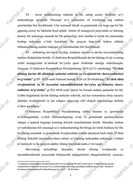 a xizmat qiladi. shu boisdan, ushbu mavzuni o‘rganish nafaqat ilmiy-nazariy ahamiyatga ega, balki amaliy jihatdan ham muhim ahamiyat kasb etadi. mazkur kurs ishi uch bobdan iborat bo‘lib, birinchi bobda mustaqil so‘z turkumlari haqida umumiy ma’lumot beriladi. ikkinchi bobda ularning bir-biriga ko‘chish jarayoni, asosiy sabablari va lingvistik tahlili yoritiladi. uchinchi bob esa ushbu hodisaning lingvistik ahamiyati va turli uslubiy qatlamlardagi qo‘llanilishiga bag‘ishlanadi. ish yakunida esa umumiy xulosalar chiqarilib, mavzuga oid ilmiy tavsiyalar beriladi. mazkur kurs ishida mustaqil so‘z turkumlarining bir-biriga ko‘chish sabablari, grammatik va semantik o‘zgarishlari hamda ularning til tizimidagi o‘rni keng yoritiladi. so‘z turkumlarining bir-biriga ko‘chishi, asosan, semantik, morfologik va sintaktik omillar ta’sirida sodir bo‘lib, bu jarayon nutqning boyishi va takomillashishida muhim ahamiyat kasb etadi. tilshunos olimlar tomonidan so‘z turkumlarining o‘zgarishi turli jihatdan o‘rganilgan bo‘lsa-da, bu mavzu hali ham dolzarb bo‘lib qolmoqda.[footnoteref:2] [2: o‘zbekiston respublikasi prezidentining 2021-yil 6-apreldagi pq-5147-sonli qarori. o‘zbekiston respublikasida yangi o‘zbek alifbosining joriy etilishi va uning asosida …