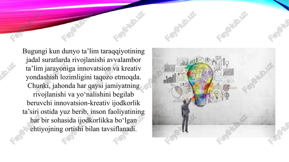 ob olishimiz darkor. kreativlik (lot., ing. “create” - yaratish, “creative” yaratuvchi, ijodkor) – shaxsning yangi g‘oyalarni ishlab chiqishga tayyorligini tavsiflovchi hamda mustaqil omil sifatida iqtidorlilikning tarkibiga kiruvchi ijodiy qobiliyat ma’nosini ifodalaydi. p.torrens fikricha, “kreativlik muammo yoki ilmiy farazlarni ilgari surish, farazni tekshirish va o‘zgartirish, qaror natijalarini shakllantirish asosida muammoni aniqlash, muammo yechimini topishda bilim va amaliy harakatlarning o‘zaro qarama-qarshiligiga nisbatan tasirchanlikni ifodalaydi”. shaxsning kreativligi taffakurida muloqotida muayyan faoliyat his-tuyg’ular .kreativ ko‘nikmalar va talabalarda kreativ ko‘nikmalarni shakllantirish jarayonining mohiyati. zamonaviy pedagogikada “kreativ pedagogika” tushunchasi qo‘llanila boshlaganiga hali u qadar ko‘p vaqt bo‘lmadi. biroq, o‘qitish jarayoniga innovatsion hamda ijodkorlik yondashuvlarini qaror toptirishga bo‘lgan ehtiyoj “kreativ pedagogika”ning pedagogik turkum fanlar orasida mustaqil predmet sifatida shakllanishini ta’minladi. ushbu predmet asoslarini pedagogika tarixi, umumiy va kasbiy pedagogika hamda psixologiya, xususiy fanlarni o‘qitish metodikasi, ta’lim texnologiyasi va kasbiy etika kabi fanlarning metodologik g‘oyalari tashkil etadi. “kreativ pedagogika” fanining umumiy asoslari mutaxassis, shu jumladan, bo‘lajak mutaxassislarning kasbiy …