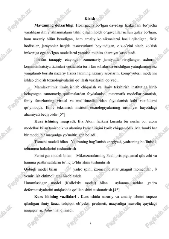 larda birlashtirib turuvchi ximiyaviy kuchlarga nisbatan million marta katta bo’lsa ham ta'sir radiuslari kichik bo’lganligidan ular nisbatan zaif tuyuladi. nima uchun shunday ekanligini tushunish uchun r-masofadagi ikkita bog’langan zarra 2r>λ de-broyl to’lqin uzunligiga ega bo’lsin. , bunda -zarraning nisbiy tezligi, μ-keltirilgan massa, , 2r ≥ λ boshqacha yozsak . zarraning kinetik energiyasi ; shunday qilib, yadro kuchlarining ta'sir radiusi chegarasida bo’lishi uchun ikki nuklonning kinetik energiyasi eng kamida 71 mev bo’lishi kerak. bu nuklonlarni ushlab turuvchi potensial o’raning chuqurligidan ancha katta. demak 2n –uyg’ongan holatda bo’lolmaydi. ∆e=2,2 mev 2n ning proton va neytronlari deyarli yarim vaqtini yadro kuchlari ta'siri sohasidan chetda o’tkazadi. yadro potensiali sistemaning holatiga bog’liq. masalan, 2n i=1mavjud, i=0 mavjud emas. nisbiy harakat miqdoriga ham bog’liq harakat miqdori momenti h-juft qiymatida tortishish kuchlari bor, toq qiymatida bunday kuchlar yo’q. nuklonlarning sochilishi potensial energiyaga nuklonlar spin vektorlarining nisbiy joylashishiga va sistemaning orbital harakat miqdori momentiga bog’liqligini ko’rsatuvchi had bo’lishligini …