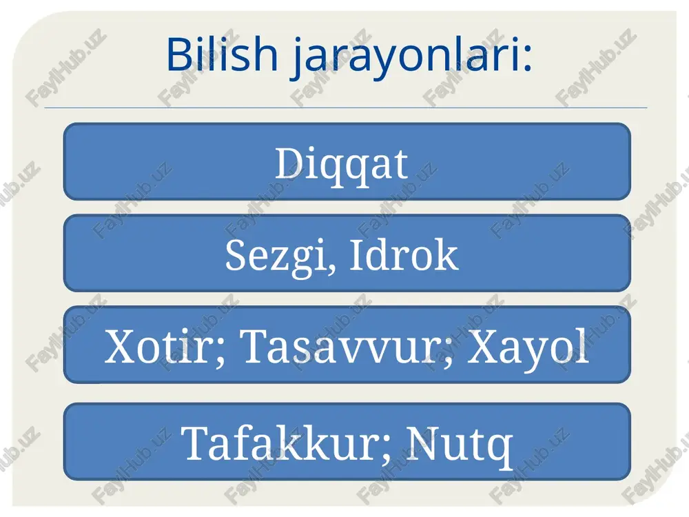 idrok qilish - forma, kattalik, ob’ektlarni joylashishi, ularning re’lefi va yo`nalganligini idrok etishda ifodalanadi. fazoni idrok etish kuchini, teri tuyush va muskul harakat organlari asosida yuzaga keladi. vaqt idrok etish – ob’ektiv vaqtni, uning tezligi va ritmini aks etishidir. harakatni idrok etish - ob’ektiv fazodagi joylashishi va o`zgarishini aks etishi bo`lib, bunda ko`rinishi va kinetik analizator muhim ahamiyatga ega. idrokning sifati bu tezligi, aniqligi va to`laligi. idrokning sifati tashqi omillarga bog`liq bo`lib, bunga narsa va hodisalarni sifat, turgan joyi, organi faktorlarga – sezgi organlari va nerv sistemasining holati, sub’ektiv faktorlar – bilim, tasavvur, qiziqish va tafakkur rivojlanishi bilan bog`liq. xotira inson his qilgan barcha narsa va hodisalar izsiz yo`qolmaydi. ular ma’lum miqdorda xotirada saqlab qolinadi, mustahkamlanib va kerak bo`lganda qayta esga tushiriladi. odamda tasavvurlarning mavjudligi bizning idrokimiz miya po`stlog`ida qandaydir izlar qoldirilishidan, ular ma’lum vaqt davomida miyada saqlanib turishidan dalolat beradi. o`tmish tajribamizda nimaiki hodisa yuz bergan bo`lsa, shuni esda …