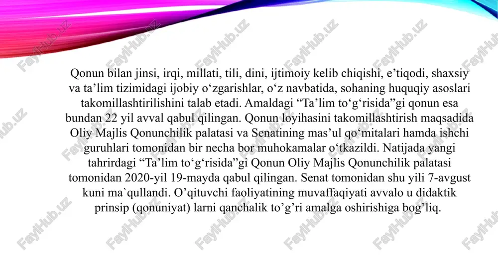 rab boriladi. bu jumlada tushunarlilik prinsipi qoidaga solingan, ya’ni normalashtirilgan. mutaxassislar ta’lim prinsiplari xususiyatlarini, asosan, o’qituvchi faoiliyatiga nisbatan izohlashadi. shu sababli ko’pchilik didaktik qo’llanmalarda “o’qitish prinsiplari” iborasi ishlatilgan. ta’lim prinsiplari talim jarayonining ikkala sub’eaktiga-ham o’qituvchi, ham o’quvchiga daxldor. shunga ko’ra biz ularni ta’lim prinsiplari deb nomladik. ta’limni tashkil etish, boshqarish va nazorat qilishda o’qituvchi va o’quvchi faoliyatiga qo’yiladigan talablar, qoidalar ta’lim prinsipi deb aytiladi. ta`limning ilmiylik prinsiplari maktablarimizda ta`limning ilmiy bo’lishi prinsipi ta`lim jarayonida o`quvchilarning tabiat, jamiyat va kishi tafakkuri taraqqiyoti haqidagi qonun va qoidalarni dialektik materialistik asosda egallab olishlarini, atrofini o`rab olgan ob`yektiv borliqdagi predmet, narsa, hodisa va voqealarning bir-biriga bog`liqligi, hamisha harakatda va rivojlanishda ekanligini ilmiy asoslarini anglab olishlarini, fakt va hodisalarni mustaqil tahlil qilish va xulosalar chiqarish, shunindek, ularga o`zlashtirilgan ilmiy bilimlarning turmushda bilish ko`nikma va malakalarni hosil qilish talabalarning o`z ichiga oladi. ta`lim va tarbiyaning birligi ta`lim jarayonida o`quvchini tarbiyalash, jamiyatda o`z o`rnini topishga yo`naltirish, ularga …