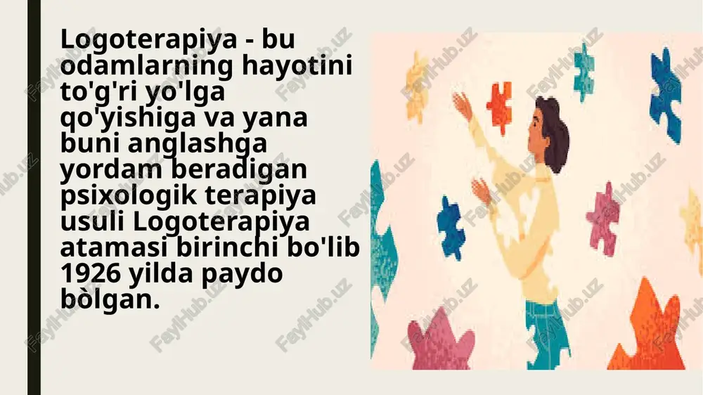 ining asosiy harakatlantiruvchi kuchi sifatida belgilagan noodinamika tushunchasi kiradi. u ikkita qutb o'rtasida, ya'ni inson va ma'no o'rtasida paydo bo'ladigan keskinlik sohasida yaratilgan. va bu maqsadni qidirish insonni tezda tanglik holatiga olib keladi, bu uyg'unlik va xotirjamlikni topishdan ko'ra. logoterapiya qoidalari shuni ko'rsatadiki, aynan shu taranglik inson farovonligining asosiy sharti bo'lishi muhimdir. v. frankl ma'noni inson o'ylab topadigan narsa deb hisoblamaydi, bu unga juda oson. e’tiboringiz uchun rahmat!!! image1.jpeg image2.jpeg image3.jpeg image4.jpeg image5.jpeg image6.jpeg