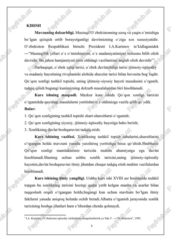 y abulfayzxondan so‘ng tilga olinib, shohruhbiyga buxoro xoni tomonidan otaliq unvoni berilgani eslatiladi. shohruhbiy buxoro xonligidan mustaqil ravishda (nisbatan bo‘lsa ham) siyosat olib borishga harakat qilib, minglar sulolasi tasarrufidagi yerlarni kengaytira boshladi. shohruhbiy hukmronligi davrida qo‘qon, namangan, marg‘ilon, konibodom, isfara va ularning atroflaridagi qishloqlar minglar sulolasi qo‘lida bo‘lgan.[footnoteref:2] [2: bohodir eshov, o‘zbekiston davlatchiligi va boshqaruvi tarixi, toshkent-2012] shohruhbiyning o‘g‘li va vorisi muhammad abdurahimbiy (1721-1733 yy.) taxtga o‘tirganidan so‘ng minglar tasarrufidagi yerlar yanada kengaya boshladi. abdurahimbiy 1724 yilda andijonni, 1725 yilda xo‘jandni, 1726 yilda o‘ratepani bosib olib, xonlik hududlariga qo‘shib oldi. u qisqa muddat bo‘lsa-da buxoroga qarashli samarqand va kattaqo‘rg‘onni egallab, shahrisabzga ham tahdid solgan. abdurahimbiy qo‘qon (xo‘qand) qishlog‘i o‘rni va atrofida yangi shaharga (dastlab qal’ai rahimbiy deb nomlangan, keyin esa qo‘qon) asos soladi va bu shahar xonlikning poytaxtiga aylanadi.[footnoteref:3] [3: bohodir eshov, o‘zbekiston davlatchiligi va boshqaruvi tarixi, toshkent-2012] 1733-1750 yillarda hukmronlik qilgan muhammad abdulkarimbiy ibn shohruhbiy asosiy e’tiborini mudofaa ishlariga …