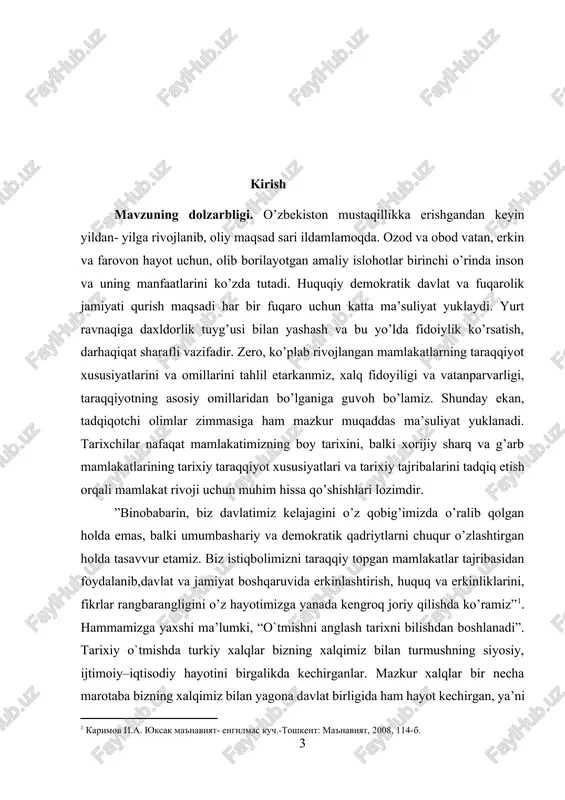 rish qilishni talab qilardi. demak turkiyaning bu davrdagi tarixini o’rganish 1960 – yilgi harbiy to’ntarishdan oldin mamlakatdagi vaziyat va o’sha harbiy to’ntarish o’tkazishning sabablari, shart – sharoitlari va oqibatlarini o’rganish bilan ahamiyatli va dolzarb hisoblanadi. qolaversa, 1946 yilda tashkil topgan va o’sha davrda hukmron partiya hisoblangan demokratik partiya dastlab faoliyatini boshlaganida demokratik islohotlkarni chuqurlashtirishga katta e’tibor bergan. mavzuning maqsad va vazifalari kurs ishidan ko’zlangan 1960 – 1970- yillardagi turkiyada harbiy tuzum davrini o’rganish hamda bu davrda yuz bergan ijtimoiy – siyosiy voqealarni, jarayonlarni chuqur yoritish va tahlil qilishdan iborat. asosiy vazifalar quyidagilardan iborat: turkiyada 1960 – 1970 – yillarda harbiy tuzum davrida yuz bergan ijtimoiy – siyosiy jarayonlarni aniq dalillar asosida yoritib berish; xx asr 50 – yillarining oxirida turkiyadagi ijtimoiy – siyosiy hayotni o’rganish; 1960 – yilgi harbiy to’ntarishning sabablari va oqibatlarini ochib berish; 1971 – yilgi harbiy to’ntarishning sabablari va oqibatlarini yoritishdir. mavzuning ob’ekti va predmeti: 1960 – …