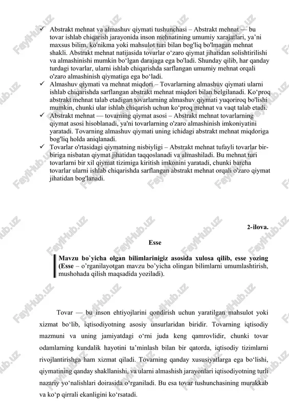t mehnat va almashuv qiymati tushunchasi – abstrakt mehnat — bu tovar ishlab chiqarish jarayonida inson mehnatining umumiy xarajatlari, ya’ni maxsus bilim, ko'nikma yoki mahsulot turi bilan bog'liq bo'lmagan mehnat shakli. abstrakt mehnat natijasida tovarlar o‘zaro qiymat jihatidan solishtirilishi va almashinishi mumkin bo‘lgan darajaga ega bo'ladi. shunday qilib, har qanday turdagi tovarlar, ularni ishlab chiqarishda sarflangan umumiy mehnat orqali o'zaro almashinish qiymatiga ega bo‘ladi. · almashuv qiymati va mehnat miqdori – tovarlarning almashuv qiymati ularni ishlab chiqarishda sarflangan abstrakt mehnat miqdori bilan belgilanadi. ko‘proq abstrakt mehnat talab etadigan tovarlarning almashuv qiymati yuqoriroq bo'lishi mumkin, chunki ular ishlab chiqarish uchun ko‘proq mehnat va vaqt talab etadi. · abstrakt mehnat — tovarning qiymat asosi – abstrakt mehnat tovarlarning qiymat asosi hisoblanadi, ya'ni tovarlarning o'zaro almashinish imkoniyatini yaratadi. tovarning almashuv qiymati uning ichidagi abstrakt mehnat miqdoriga bog'liq holda aniqlanadi. · tovarlar o'rtasidagi qiymatning nisbiyligi – abstrakt mehnat tufayli tovarlar bir-biriga nisbatan qiymat jihatidan …
