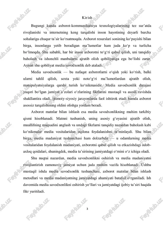 gi ham baholanadi. tanqidiy fikrlash: axborotga tanqidiy yondashish media savodxonlikning eng asosiy qismidir. bu degani, har qanday ma’lumotni shubha bilan qabul qilish, uni tekshirish, boshqa manbalar bilan solishtirish va manipulyatsiyalarni aniqlash ko‘nikmasidir. tanqidiy fikrlash yordamida yolg‘on, chalg‘ituvchi yoki noto‘g‘ri axborotlardan himoyalanish mumkin. axborot manbalarini baholash: axborot manbalarining ishonchliligi va obro‘sini baholash muhim ahamiyatga ega. har qanday media mahsulot yoki matnni o‘qishda uning qaysi tashkilot, shaxs yoki guruh tomonidan yaratilganini bilish, manbani tekshirish kerak. shuningdek, manbaning tarafkashligi yoki maqsadi ham tahlil qilinadi. axborotni ishlab chiqish va etkazish madaniyati: media savodxonlik faqat axborotni qabul qilish bilan cheklanmaydi, balki uni to‘g‘ri va mas’uliyat bilan etkazish madaniyatini ham o‘z ichiga oladi. bu — boshqa odamlarga axborotni noto‘g‘ri tushunish va tarqalishining oldini olish, manipulyatsiyalardan voz kechish demakdir. axborot xavfsizligi va shaxsiy ma’lumotlarni himoya qilish: zamonaviy media makonida shaxsiy ma’lumotlarni himoya qilish va axborot xavfsizligiga e’tibor qaratish zarur. media savodxonlik bu borada ham ko‘nikmalarni shakllantirishni o‘z …