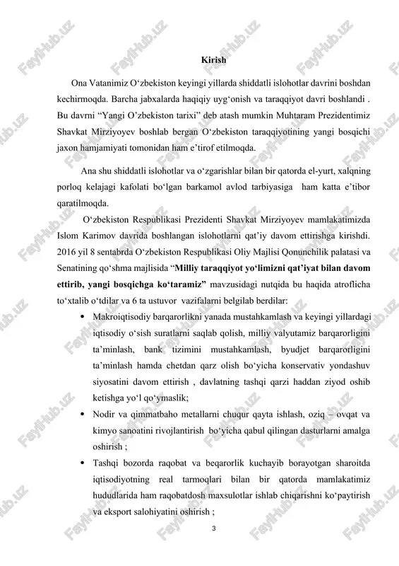 i bosqichga ko‘taramiz. o‘zbekiston respublikasi oliy majlisi qonunchilik palatasi va senatining qo‘shma majlisidagi nutq. 2016 yil 8 sentabr. shavkat mirziyoev, asarlar, 1- jild, “o‘zbekiston”, 2017, 13-15 – betlar. ] 2016 yil 8 sentyabrda shavkat mirziyoyev vaqtincha prezidentlik lavozimini bajarishga kirishar ekan, o‘zbekiston respublikasi birinchi prezidenti boshlab bergan demokratik islohotlar yo‘lini qatiyat bilan davom ettirishga kirishganligini ma’lum qildi va “milliy taraqqiyot yo‘limizni qat’iyat bilan davom ettirib, yangi bosqichga ko‘taramiz” -deya ma’lum qildi. 2030 yilga qadar o‘zbekistonda yalpi ichki maxsulotni ikki barobardan ortiq oshirishdan iborat strategik rejani amalga oshirishga kirishildi. i. bob. prezident sh.mirziyoyev tomonidan demokratik islohotlarning izchil davom ettirilishi. 1.1. 2017-2021 yillarda o‘zbekiston respublikasini rivojlantirishning beshta ustuvor yo‘nalishi bo‘yicha harakatlar strategiyasining ishlab chiqilishi va uning mazmun-mohiyati. o‘zbekistonda demokratik islohotlarni izchil davom ettirishning yana bir yorqin dalili - 2016 yil 24 sentabrda o‘zbekiston hukumati portalida bosh vazirning virtual qabulxonasi ochilishi bo‘ldi. bosh vazirning virtual qabulxonasi ochilishi murojatlar bilan ishlash tizimini bugungi -shiddatli …