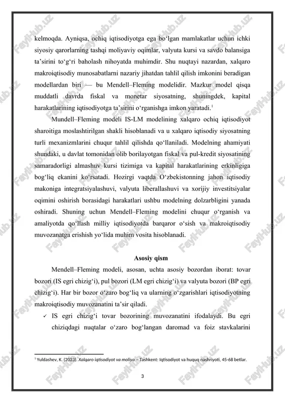 ndell–fleming modeli is-lm modelining xalqaro ochiq iqtisodiyot sharoitiga moslashtirilgan shakli hisoblanadi va u xalqaro iqtisodiy siyosatning turli mexanizmlarini chuqur tahlil qilishda qo‘llaniladi. modelning ahamiyati shundaki, u davlat tomonidan olib borilayotgan fiskal va pul-kredit siyosatining samaradorligi almashuv kursi tizimiga va kapital harakatlarining erkinligiga bog‘liq ekanini ko‘rsatadi. hozirgi vaqtda o‘zbekistonning jahon iqtisodiy makoniga integratsiyalashuvi, valyuta liberallashuvi va xorijiy investitsiyalar oqimini oshirish borasidagi harakatlari ushbu modelning dolzarbligini yanada oshiradi. shuning uchun mendell–fleming modelini chuqur o‘rganish va amaliyotda qo‘llash milliy iqtisodiyotda barqaror o‘sish va makroiqtisodiy muvozanatga erishish yo‘lida muhim vosita hisoblanadi. asosiy qism mendell–fleming modeli, asosan, uchta asosiy bozordan iborat: tovar bozori (is egri chizig‘i), pul bozori (lm egri chizig‘i) va valyuta bozori (bp egri chizig‘i). har bir bozor o‘zaro bog‘liq va ularning o‘zgarishlari iqtisodiyotning makroiqtisodiy muvozanatini ta’sir qiladi. · is egri chizig‘i tovar bozorining muvozanatini ifodalaydi. bu egri chiziqdagi nuqtalar o‘zaro bog‘langan daromad va foiz stavkalarini ko‘rsatadi, ya’ni iqtisodiyotda yirik talab va taklif …
