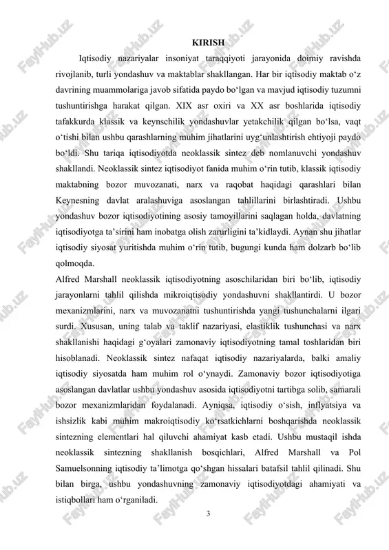 a olmasligini ko‘rsatdi. · britaniyalik iqtisodchi jon meynard keynes o‘zining “umumiy nazariya” asarida iqtisodiy inqirozlarning oldini olish uchun davlatning faolligini oshirish kerakligini ta’kidladi. · keynesning fikricha, umumiy talabni oshirish orqali ishsizlikni kamaytirish va iqtisodiy o‘sishni ta’minlash mumkin edi. · biroq keynes modeli qisqa muddatli inqirozlarni hal qilishga qaratilgan bo‘lib, uzoq muddatli iqtisodiy o‘sishni tushuntirib bera olmas edi. · neoklassik sintez zarurati · keynes yondashuvi qisqa muddatli iqtisodiy siyosatni tushuntirishda samarali bo‘lsa-da, uzoq muddatli makroiqtisodiy o‘sish va mikroiqtisodiy tamoyillarni inkor qilar edi. · shu sababli, xx asrning o‘rtalarida iqtisodchilar klassik iqtisodiyot va keynschilik tamoyillarini uyg‘unlashtirishga harakat qilishdi. · bu jarayonda pol samuelson, jeyms tobin va robert solou kabi iqtisodchilar neoklassik mikroiqtisodiy yondashuvni keynesning makroiqtisodiy tahlili bilan birlashtirishga erishdilar. neoklassik sintezning asosiy g‘oyalari neoklassik sintez quyidagi asosiy tamoyillarni o‘zida mujassamlashtiradi: · bozor iqtisodiyotining asosiy roli · bozor mexanizmlari resurslarni samarali taqsimlashda muhim rol o‘ynaydi. · narxlar tizimi talab va taklifni muvozanatlashtiradi. · …