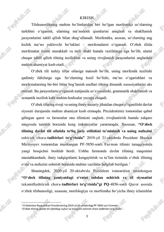va qarorlarining ijrosini ta’minlashda, ona tilimizning ilmiy-nazariy asoslarini mustahkamlashda bunday tadqiqotlar muhim o‘rin tutadi.2 kurs ishining dolzarbligi shundaki, morfemik tahlil orqali so‘z yasalish jarayonlarini, grammatik birliklarning o‘zaro bog‘liqligini va ularning til tizimidagi roli aniqlanadi. bu esa o‘zbek tilining rivojlanish tendensiyalarini tushunishga va uning ilmiy o‘rganilishiga hissa qo‘shadi. shu bois, ushbu kurs ishi zamonaviy tilshunoslikning dolzarb yo‘nalishlaridan biri bo‘lib, tilimizni ilmiy-nazariy jihatdan yanada chuqur o‘rganishga xizmat qiladi. mazkur kurs ishi o‘zbek tili morfemikasining nazariy asoslarini, morfemalarning turlari va ularning tilda tutgan o‘rnini tahlil qilishga bag‘ishlangan. ishda morfemalarning tuzilishi, ularning shakl va ma’nolariga ko‘ra tasnifi, shuningdek, morfemik tahlil metodlari o‘rganiladi. bundan tashqari, o‘zbek tilidagi morfemik jarayonlar va ularning so‘z hosil qilishdagi o‘rni ham ko‘rib chiqiladi. o‘rganilayotgan mavzuning ahamiyati shundaki, morfemik tahlil orqali tilning rivojlanish tendensiyalarini, grammatik va semantik o‘zgarishlarni tushunish mumkin. shuningdek, bu o‘rganish natijalari o‘zbek tilining leksik va grammatik tizimini yanada chuqurroq anglashga yordam beradi. kurs ishining dolzarbligi: tilshunoslik sohasida morfemika …