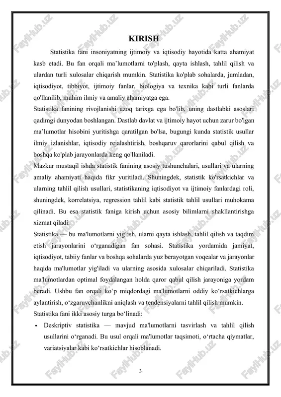 statistik usullar paydo bo‘ldi. bugungi kunda statistika axborot texnologiyalari bilan bog‘lanib, katta ma'lumotlar (big data) va sun'iy intellektni qo‘llash imkoniyatlariga ega bo‘lib bormoqda. 1. statistika fanining asosiy tushunchalari va usullari statistika fani murakkab voqealar va jarayonlarni o‘rganish uchun asosiy tushunchalar va usullardan foydalanadi. ushbu tushunchalar ma'lumotlarni to‘plash, tasniflash, tahlil qilish va ulardan xulosalar chiqarishga yordam beradi. quyida statistikada keng qo‘llaniladigan asosiy tushunchalar va usullar yoritiladi: ma'lumotlar va ularning turlari: ma'lumotlar — statistik tadqiqotlar uchun zarur bo‘lgan sonlar yoki kategoriyalardan iborat bo‘lib, ular o‘zgaruvchilar orqali ifodalanadi. o‘zgaruvchilar miqdoriy yoki sifatli bo‘lishi mumkin: · miqdoriy ma'lumotlar — sonli ko‘rsatkichlarga ega bo‘lib, masalan, daromad, bo‘y, og‘irlik kabi o‘lchovlarni o‘z ichiga oladi. ular uzluksiz (bo‘yi, og‘irlik) yoki uzilgan (oila a'zolari soni) bo‘lishi mumkin. · sifatli ma'lumotlar — sifatlarni ifodalovchi ma'lumotlar bo‘lib, masalan, rang, tur, kategoriya kabi ko‘rsatkichlar hisoblanadi. ma'lumotlarni to‘plash uchun kuzatish, anketa yoki eksperiment kabi usullardan foydalaniladi. tanlanma va umumiy to‘plam: statistik tadqiqotlarda …