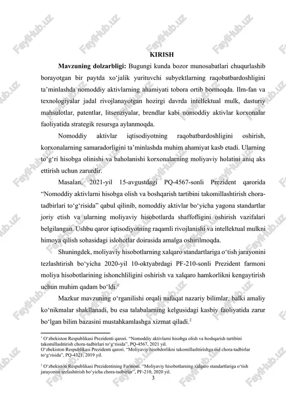 , a. mavlonov, b. xodjayev, i. abdurahmonov, n. g‘ulomov va boshqa mutaxassislar tomonidan nomoddiy aktivlarning iqtisodiy mohiyati, ularni buxgalteriya hisobi tizimida aks ettirish, baholash va amortizatsiya qilish masalalari bo‘yicha ilmiy tadqiqotlar olib borilgan. bu mavzuni o‘rganish orqali talabalar mavjud ilmiy-nazariy va amaliy manbalarni chuqur tahlil qilish, mavjud yondashuvlarni solishtirish hamda milliy buxgalteriya amaliyotida nomoddiy aktivlar hisobini takomillashtirish bo‘yicha takliflar ishlab chiqish imkoniyatiga ega bo‘ladilar. kurs ishining maqsadi: ushbu kurs ishining asosiy maqsadi — xo‘jalik yurituvchi subyektlar faoliyatida nomoddiy aktivlarning tutgan o‘rnini ochib berish, ularning iqtisodiy mohiyati, tasnifi, hisobga olish tamoyillari, baholanishi va buxgalteriya yozuvlarida aks ettirilish jarayonlarini tizimli ravishda o‘rganishdan iborat. kurs ishining vazifalari: kurs ishining oldiga qo‘yilgan maqsadga erishish uchun quyidagi vazifalarni bajarish belgilab olingan: · nomoddiy aktivlarning iqtisodiy mazmunini ochib berish, ularning xo‘jalik yurituvchi subyektlar faoliyatidagi o‘rnini aniqlash. · nomoddiy aktivlarning tasnifi va turlarini o‘rganish, ularni boshqa turdagi aktivlardan ajratib turuvchi belgilarga izoh berish. · amortizatsiya hisobini yuritishning …