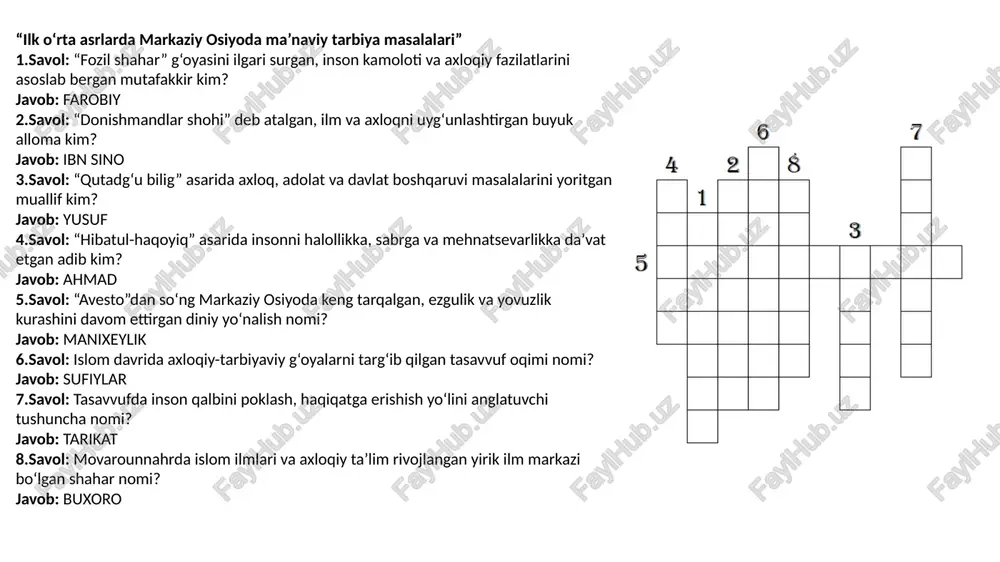 : islom savol: islom tarqalishi bilan shakllangan yangi axloqiy-ruhiy yo‘nalish, ya’ni qalb pokligi va taqvoni asos qilgan ta’limot nomi? javob: tasavvuf “markaziy osiyoda tasavvuf, uning tarbiyaviy jihatlari” savol: markaziy osiyoda tasavvuf ta’limotiga asos solgan buyuk mutasavvif olim kim? javob: hakimtermiziy savol: “ruhning poklanishi va ma’naviy yuksalish” g‘oyalarini ilgari surgan tasavvuf ta’limoti yo‘nalishi nomi? javob: naqshbandiya savol: “dil ba yoru, dast ba kor” — “ko‘ngil allohda, qo‘l mehnatda bo‘lsin” shiorini ilgari surgan tasavvuf peshvosi kim? javob: naqshband savol: tasavvuf ta’limotida insonni sabr, halollik, sadoqatga chaqiruvchi bosqichlar majmuasi qanday ataladi? javob: maqomot savol: “tasavvuf – bu nafsni yo‘qotish, insonni komillikka yetkazish yo‘lidir” degan ta’rif kimga tegishli? javob: yassaviy savol: ahmad yassaviy tomonidan yaratilgan, axloqiy-tarbiyaviy mazmundagi she’riy asar nomi? javob: hikmatlar savol: tasavvufda muridni tarbiyalovchi, unga yo‘l ko‘rsatuvchi ma’naviy ustozi qanday ataladi? javob: murshid “amir temur va temuriylar davrida madaniyat, ta’lim-tarbiya masalalari” 8 ta yangi, faktik va aniq savol-javob savol: amir temur 1370-yilda …