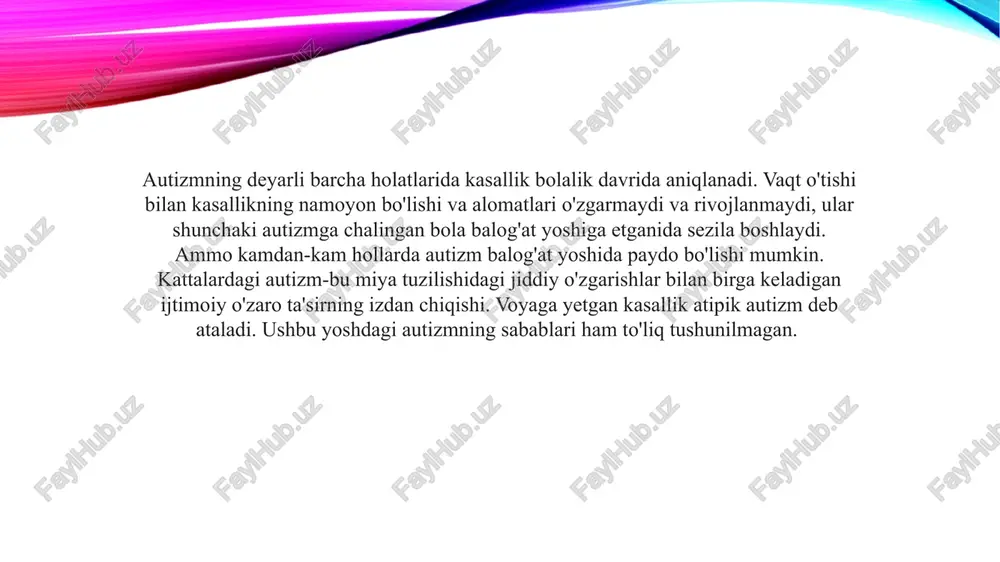 nday turmush tarzini olib borishga imkon bermasa, u odatda butun umri davomida qarindoshlarining qaramog'ida qoladi. autizmning yuqoridagi belgilari shifokorlarga rivojlanish, ijtimoiy xulq-atvor va boshqa ko'nikmalardagi muammolar bo'yicha tashxis qo'yish va turli xil aqliy og'ishlarni xatosiz aniqlashga imkon beradi. ammo autizmni tegishli mezonlarga muvofiq tashxislashda quyidagilar muhimdir: tashxisni biron bir alomatning rasmiy mavjudligida emas, balki sindromologik darajada o'tkazish; aniqlangan alomatlarda protsessual dinamikaning mavjudligini hisobga olish; bolalarda autizm uchun zarur bo'lgan davolanish quyidagilarni o'z ichiga oladi: xulq-atvor terapiyasi dasturlari; "rivojlanish modellari"dan foydalanish; logoped terapiyasi; ijtimoiy ko'nikmalarni o'rgatish; mehnat terapiyasi; antidepressantlar; antipsixotiklar; talvasaga qarshi preparatlar. autizmdan to'liq davolanish deyarli mumkin emas. remissiya faqat 5% hollarda sodir bo'ladi. e’tiboringiz uchun rahmat image2.png media1.mp4 image3.png image1.png /docprops/thumbnail.jpeg