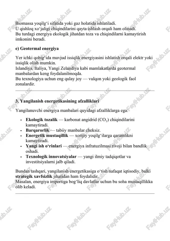 nergetikasi rivoji so‘nggi o‘n yilliklarda yangilanish energetikasiga sarmoyalar keskin oshdi. xitoy, aqsh, germaniya, hindiston, ispaniya va braziliya bu sohada yetakchilardan hisoblanadi. 2024-yil ma’lumotlariga ko‘ra: · xitoy dunyo bo‘yicha o‘rnatilgan quyosh panellarining 35% ga ega; · germaniya shamol energetikasida yevropada birinchi o‘rinda; · hindiston “national solar mission” dasturi orqali quyosh energiyasi quvvatini 300 gvt gacha oshirishni rejalashtirmoqda. bundan tashqari, bmt va yevropa ittifoqi “2030-yil barqaror rivojlanish maqsadlari” doirasida yangilanuvchi energiyaga o‘tishni rag‘batlantirmoqda. 5. o‘zbekistonda yangilanish energetikasi rivoji o‘zbekiston tabiiy resurslarga boy, quyoshli kunlar soni yiliga 300 dan ortiq. bu esa quyosh energetikasi uchun katta imkoniyat yaratadi. so‘nggi yillarda mamlakatda bir nechta yirik loyihalar amalga oshirildi: · navoiy quyosh elektr stansiyasi (100 mvt quvvat); · samarqand va jizzax viloyatlarida shamol parklari; · qashqadaryo viloyatida biogaz loyihalari; · hududiy mikro-ges qurilishlari. prezident sh.m. mirziyoyev tashabbusi bilan 2030-yilgacha energiya ishlab chiqarishning 25 foizini qayta tiklanadigan manbalardan olish maqsad qilingan. bundan tashqari, xalqaro investorlar — …