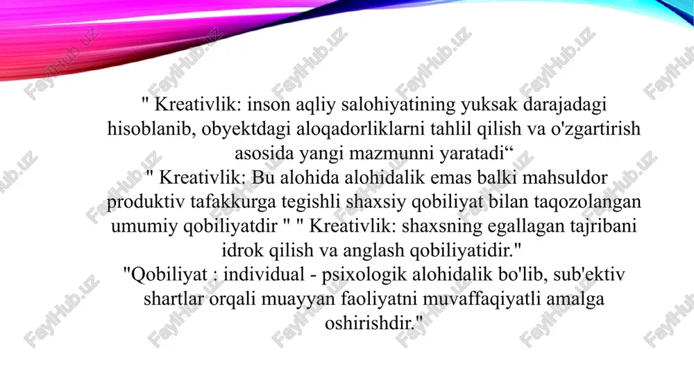 it qiyofasiga hamroh bo'lgan sifatlar tizimining tarkibiy qismi sifatida qarash lozim. pedagogning kreativlik potentsiali ko'p darajali jarayon va u quyidagi tamoyillarga tayanadi: imkoniyatlarni oshirib borish ustuvor shaxsning individual xususiyatlari va hayotiy faoliyat individuallikka erishish kreativlikni yorqin namoyon qilish ijodiy yo’naltirilganlik talabalarni kreativ fikrlashga o'rgatish, ularda kreativ tafakkurnishakllantira olish uchun avvalo o'qituvchining o'zi kreativ, ijodkor shaxs bo'lishi zarur. bordi-yu, uning o'zi kreativlik sifatlariga ega bo'lmasa, u holda qandayqilib, talabalarni kreativ fikrlashga rag'batlantira oladi. chiqariladigan yagonaxulosa quyidagicha: o'qituvchining o'zi kreativ, ijodkor bo'lsagina, talabalar ham shunday bo'la oladi. pedagoglarning kreativlik imkoniyatlarini aniqlovchi mezonlar va ularning darajalari kasbiy faoliyat samaradorligini baholashda pedagogning ijodkorligi –kreativ potentsiali darajasini baholash muhim ahamiyatga ega. pedagogning kreativlik potentsiali darajasini baholash muhim ahamiyatga ega.pedagogning kreativlik potentsiali darajasini aniqlovchi mezonlar quyidagilar sanaladi pedagogning kreativ potentsiali darajasini aniqlovchi mezonlar xulosa o'rnida shuni aytish mumkinki pedagoglarda, kreativlik sifatlari, ijodiy- pedagogik faoliyat malakalarini rivojlantirish borasida amerikalik tadqiqotchi patti drepeau tomonidan taklif qilingan yo'llarda foydalanish …