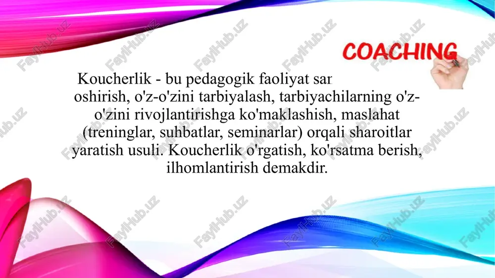 ikal — “yuqoridan pastga” tamoyiliga asoslanadi, ya’ni bilim o‘qituvchidan o‘quvchiga o‘tadi. kouch-treningda esa gorizontal aloqa mavjud: o‘qituvchi va o‘quvchi o‘zaro fikr almashadi, hamkorlikda o‘rganish jarayoni kechadi. maqsad va natija an’anaviy pedagogikada asosiy maqsad — o‘quvchining bilim, ko‘nikma va malakalarni o‘zlashtirishi. kouch-treningda esa maqsad — o‘quvchining o‘z salohiyatini ochish, mustaqil o‘rganish, o‘zini tahlil qilish va rivojlantirish qobiliyatini shakllantirish. motivatsiya va baholash an’anaviy yondashuvda motivatsiya ko‘proq tashqi omillarga (baholar, mukofot, intizom) asoslanadi. baholash jarayoni natijaga qaratilgan. kouch-treningda esa motivatsiya ichki omillarga, shaxsiy maqsad va qadriyatlarga tayangan. baholash jarayoni o‘z-o‘zini tahlil qilish va rivojlanish dinamikasiga yo‘naltirilgan. o‘qituvchi–o‘quvchi munosabatlari an’anaviy metodda munosabatlar “o‘qituvchi–tinglovchi” modelida kechadi, ya’ni bir tomonlama axborot uzatish mavjud. kouch-treningda esa “murabbiy–mijoz” modeli asosida o‘zaro muloqot, sheriklik va ishonch muhitida o‘rganish amalga oshadi. integratsion yondashuv zarurati zamonaviy ta’lim jarayonida har ikki modelning ijobiy jihatlarini uyg‘unlashtirish samarali natija beradi. an’anaviy metodlar orqali o‘quvchilarda asosiy bilim va intizom shakllansa, kouch-trening usullari ularning mustaqil fikrlashi, …