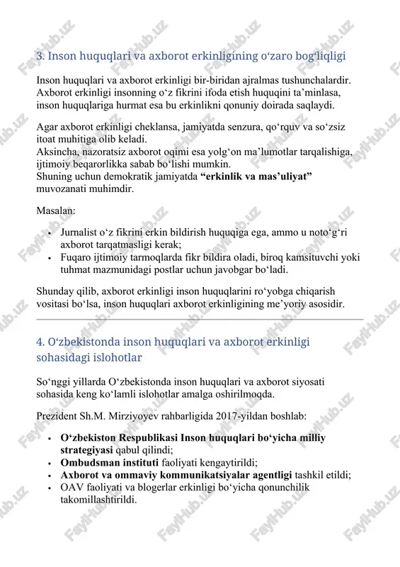 i inson huquqlari bo‘yicha milliy strategiyasi qabul qilindi; · ombudsman instituti faoliyati kengaytirildi; · axborot va ommaviy kommunikatsiyalar agentligi tashkil etildi; · oav faoliyati va blogerlar erkinligi bo‘yicha qonunchilik takomillashtirildi. bugungi kunda respublikada 1000 dan ortiq oav, 2000 ga yaqin bloger faoliyat yuritmoqda. internet foydalanuvchilari soni 27 milliondan oshgan. bu esa jamiyatda fikr xilma-xilligi, ochiqlik va demokratik muhit shakllanayotganini ko‘rsatadi. shu bilan birga, so‘nggi yillarda “axborot xavfsizligi to‘g‘risida”gi qonunlar, “shaxsiy ma’lumotlarni himoya qilish to‘g‘risida”gi qonunlar ham qabul qilindi. bu fuqarolarning shaxsiy hayoti daxlsizligini ta’minlaydi va axborotdan mas’uliyatli foydalanish madaniyatini rivojlantiradi. 5. muammolar va istiqbollar hozirgi davrda inson huquqlari va axborot erkinligining to‘liq ta’minlanishida ayrim muammolar ham mavjud: · internetda soxta axborotlar tarqalishi; · ayrim oavlarda biryoqlama yondashuv; · axborot texnologiyalariga oid bilimlarning yetishmasligi; · kibertahdidlar va “axborot urushi” xavflari. biroq bu muammolarga qarshi kurashishda: · raqamli savodxonlikni oshirish; · mustaqil jurnalistikani qo‘llab-quvvatlash; · yoshlarni axborot madaniyatiga o‘rgatish; · axborot texnologiyalari …