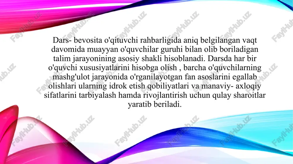 , butun didaktik usullar shu o'tiladigan mavzuga moslashtiriladi. shuning uchun ham bunday dars yangi bilim berish darsi deb yuritiladi. ma'lum bir dars turi bilan ish olib borilayotganda, boshqa bir dars elementlari asosiy dars turidan o'rin olishi va ayni paytda asosiy dars turning tuzilishini, uning qismlarini anglatadi noananaviy bo'lmagan dars - noan'anaviy (noma'lum) tuzilishga ega bo'lgan improvizatsiya qilingan o'quv mashg'ulotlaridir. pedagogik adabiyotlarning tahlili bir necha o'nlab turdagi nostandart darslarni ajratish imkonini berdi, ammo ular bitta maqsadga birlashtirilgan - asosiy qonunning bajarilishiga olib keladigan yangi usullar, shakllar, texnikalar va o'qitish vositalarini ishlab chiqishdan iborat boldi. pedagogika -o'quv faoliyati to'g'risidagi qonun. ularning ismlari konsultatsiya darsi yoki o'quv mashg'ulotlari kabi tadbirlarni o'tkazish maqsadlari, vazifalari, maqsadlari,bunday faoliyatlarni o'tkazish g'oyalarini beradi. shuni ta'kidlash kerakki, o'qituvchilarning noan'anaviy bo'lmagan darslardan foydalanish haqida "ba'zi darslar o'qituvchining chekinishi bilan o'qituvchining iste'foga chiqishi va darsda ishlashni istamagan talabalarning ta'siri ostida bo'lgan pedagogik tamoyillarning buzilishi bilan bog'liq" deb hisoblashadi, boshqalari esa pedagogik …