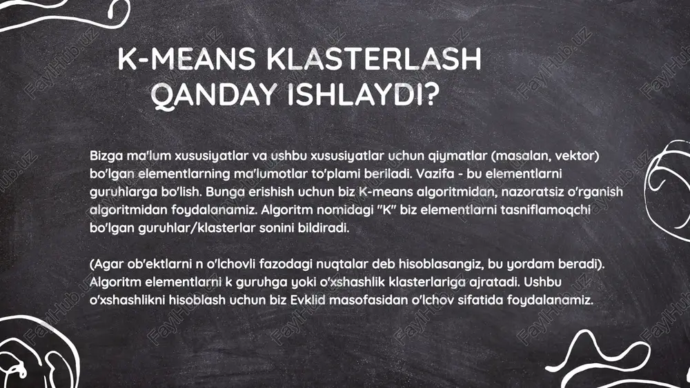 ining ishlashi k-yaqin qo'shnilar (knn) algoritmi o'xshashlik printsipi asosida ishlaydi, bu erda u o'quv ma'lumotlar to'plamidagi k eng yaqin qo'shnilarining yorliqlari yoki qiymatlarini hisobga olgan holda yangi ma'lumotlar nuqtasining yorlig'i yoki qiymatini bashorat qiladi. ishlash prinsipi quyidagi nuqtani qaysi guruhga kirishini aniqlash tushuntirib berilgan. bunda shu nuqtaga yaqin bo’lgan eng kichik masofa aniqlanadi. eng kichik masofa topilganda nuqta o’sha guruhga taaluqli knn qanday ishlashini bosqichma-bosqich tushuntirish quyida muhokama qilinadi 1-qadam: k ning qiymatini tanlab olish: k bashorat qilishda e'tiborga olinishi kerak bo'lgan eng yaqin qo'shnilar sonini bildiradi 2-qadam: masofani hisoblash: maqsad va o'quv ma'lumotlar nuqtalari o'rtasidagi o'xshashlikni o'lchash uchun evklid masofasidan foydalaniladi. ma'lumotlar to'plamidagi har bir ma'lumot nuqtasi va maqsad nuqtasi orasidagi masofa hisoblanadi 3-qadam: yaqin qo’shnini toppish: maqsadli nuqtagacha eng kichik masofaga ega bo'lgan k ma'lumot nuqtasi eng yaqin qo'shnilardir. 4-qadam: tasniflash uchun ovoz berish yoki regressiya uchun o'rtachani olish: tasniflash masalasida sinf belgilari ko'pchilik ovoz berish yo'li bilan …