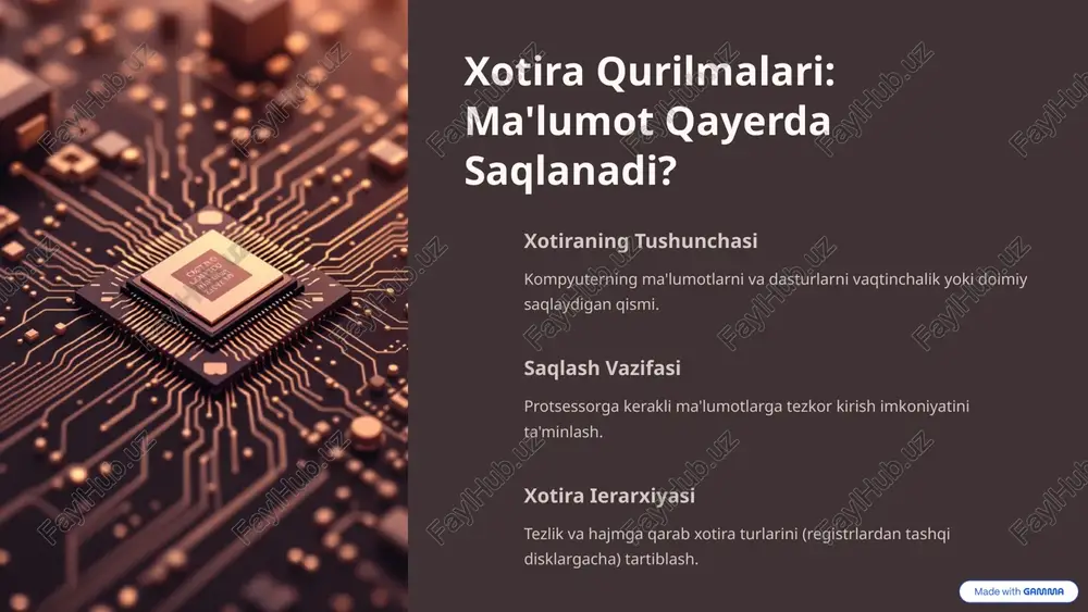 ollar xotira qurilmasi har qanday kompyuter tizimining "yuragi" va "miyyasi" orasidagi muhim ko'prikdir. asosiy eslatmalar: ichki xotira (ram/rom) tezkorlikni, tashqi xotira (hdd/ssd) doimiylikni ta'minlaydi. zamonaviy ishlash samaradorligi ssd'siz deyarli mumkin emas. ma'lumot almashish qurilmalari mobil va tarmoq texnologiyalarini rivojlantiradi. munozara uchun savollar: nima uchun ssd'lar hdd'larga nisbatan qimmatroq bo'lishiga qaramay, ular shaxsiy kompyuterlarda ustunlik qilmoqda? agar ram va ssd orasida tezlik farqi sezilarli bo'lsa, nega barcha ma'lumotlar ramda saqlanmaydi? 10 image-1002-1.png image-1-1.png image-1003-1.png image-1004-1.png image-3-1.png image-3-2.png image-3-3.svg image-3-4.png image-3-5.svg image-3-6.png image-3-7.svg image-1005-1.png image-4-1.png image-4-2.png image-1006-1.png image-5-1.png image-1007-1.png image-6-1.png image-6-2.svg image-6-3.png image-6-4.svg image-1008-1.png image-1009-1.png image-8-1.png image-8-2.png image-8-3.svg image-8-4.png image-8-5.svg image-8-6.png image-8-7.svg image-8-8.png image-8-9.svg image-1010-1.png image-9-1.png image-9-10.png image-9-11.png image-9-12.svg image-9-2.png image-9-3.svg image-9-4.png image-9-5.png image-9-6.svg image-9-7.png image-9-8.png image-9-9.svg image-1011-1.png image-10-1.png