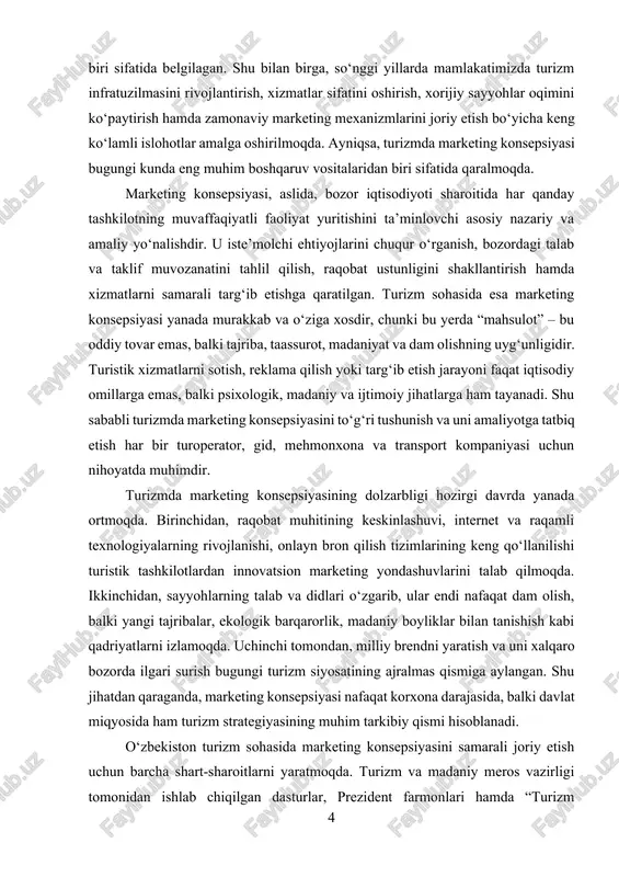 imdir. turizmda marketing konsepsiyasining dolzarbligi hozirgi davrda yanada ortmoqda. birinchidan, raqobat muhitining keskinlashuvi, internet va raqamli texnologiyalarning rivojlanishi, onlayn bron qilish tizimlarining keng qo‘llanilishi turistik tashkilotlardan innovatsion marketing yondashuvlarini talab qilmoqda. ikkinchidan, sayyohlarning talab va didlari o‘zgarib, ular endi nafaqat dam olish, balki yangi tajribalar, ekologik barqarorlik, madaniy boyliklar bilan tanishish kabi qadriyatlarni izlamoqda. uchinchi tomondan, milliy brendni yaratish va uni xalqaro bozorda ilgari surish bugungi turizm siyosatining ajralmas qismiga aylangan. shu jihatdan qaraganda, marketing konsepsiyasi nafaqat korxona darajasida, balki davlat miqyosida ham turizm strategiyasining muhim tarkibiy qismi hisoblanadi. o‘zbekiston turizm sohasida marketing konsepsiyasini samarali joriy etish uchun barcha shart-sharoitlarni yaratmoqda. turizm va madaniy meros vazirligi tomonidan ishlab chiqilgan dasturlar, prezident farmonlari hamda “turizm to‘g‘risida”gi qonun mazkur jarayonning huquqiy asosini tashkil etmoqda. ayniqsa, ichki turizmni rivojlantirish, turoperatorlar faoliyatini qo‘llab-quvvatlash, reklama va pr tadbirlarini kengaytirish orqali o‘zbekiston brendini xalqaro miqyosda tanitish yo‘lida keng qadamlar tashlanmoqda. marketing konsepsiyasining asosiy maqsadi — turistlar …