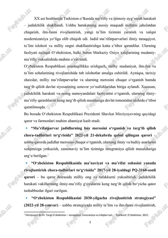 rifiy meros bugungi kunda ham dolzarbligini saqlab qolmoqda. ularning ilg‘or ta’lim tizimi, ilmiy taraqqiyotga oid qarashlari va milliy uyg‘onish g‘oyalari hozirgi o‘zbekistonning taraqqiyot strategiyasi bilan hamohangdir. shu sababli, mazkur kurs ishi jadid ma’rifatparvarlarining ilmiy qarashlarini chuqur o‘rganish, ularning ta’lim va fan sohasidagi islohotlarini tahlil qilish va bugungi kundagi ahamiyatini yoritishga bag‘ishlangan. mazkur kurs ishi jadid ma’rifatparvarlarining tarixiy-ilmiy qarashlarini o‘rganishga bag‘ishlangan bo‘lib, ularning ilm-fan, ta’lim va ijtimoiy hayotdagi islohotlari, shuningdek, merosining bugungi kundagi ahamiyati tahlil qilinadi. kurs ishining asosiy maqsadi – jadidchilik harakatining ilmiy-ma’rifiy tamoyillarini o‘rganish va ularning jamiyat rivojiga ta’sirini tahlil qilishdan iborat. ushbu maqsadga erishish uchun quyidagi vazifalar belgilangan: · jadidchilik harakatining vujudga kelishi va rivojlanish sabablari bilan tanishish; · jadidlarning ilmiy qarashlari va ta’lim sohasidagi islohotlarini o‘rganish; · ularning yozma merosi va ilmiy asarlarini tahlil qilish; · jadidchilik g‘oyalarining zamonaviy jamiyatdagi ahamiyatini aniqlash. mazkur ish kirish, uchta asosiy bob, xulosa va foydalanilgan adabiyotlar ro‘yxatidan iborat. birinchi bobda jadidchilik …