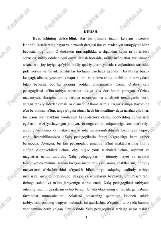 agogikasi tarbiya haqidagi fanni boyitadi va unga tayanch bo’lib xizmat qiladi. buyuk pedagog ya. a. komenskiy ham o’zining faoliyatini xalq oq’zaki ijodi, uning urf-odatlari, qadriyatlari to’q’risida material to’plashdan boshlagan. x.x.niyoziy «xalq pedagogikasi zamirida pedagogika fani shakllangan, rivojlangan» - deb ta'rif beradi. u yana o’zbek xalqi tarbiya sohasida o’ziga xos tizimga ega ekanini aytib o’tadi. x.x. niyoziy fikricha xalqni tarixiy tarkib topishida xalq tarbiyasi muhim ahamiyatga ega bo’ladi. xamzaning hikoyalarida, dramalarida, pesa va povestlarida xalq pedagogikasi o’z ifodasini topgan. xalq pedagogikasining asrlar davomida shakllanib, rivojlanib boyib borishining fuqaro, vatan taqdirida hal qiluvchi rolining boisi, birinchidan uning hayotiyligi, ta'sirchanligi serqirra, serma'noligida bo’lsa, ikkinchidan uning bevosita xalq tomonidan mavjud hayot jarayonida jonli an'analarda yaratilishi, yashashi, hayot inson muammolarini qamrab olishi tarbiyaning eng dolzarb masalalari yechimini hal qilishga qaratilgani uchinchidan, umuminsoniy yo’nalishga, umumbashariy q’oya – maqsadlarga qaratilgan bo’lganligidir. kurs ishining maqsadi. o‘zbek xalq pedagogikasining ijtimoiy-pedagogik g‘oyalarini o‘rganish: o‘zbek xalq pedagogikasidagi an’anaviy tarbiya, ta'lim, axloqiy …