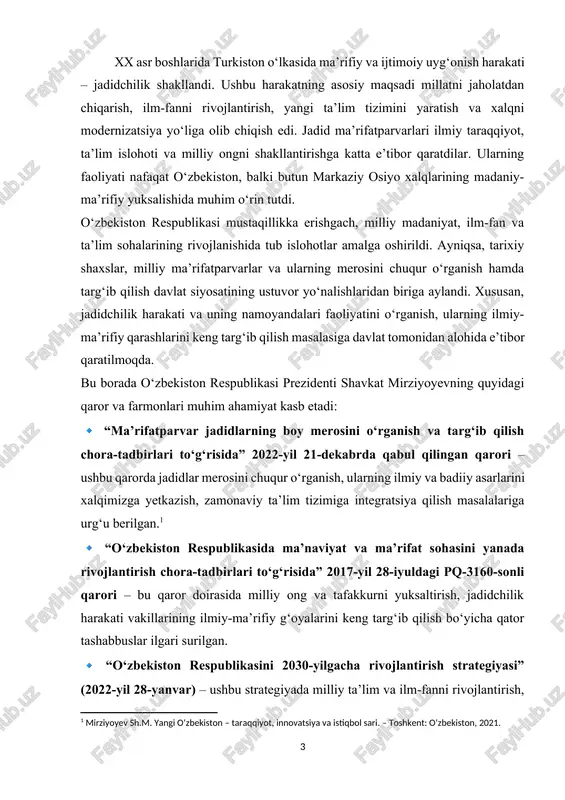 -ma’rifiy meros bugungi kunda ham dolzarbligini saqlab qolmoqda. ularning ilg‘or ta’lim tizimi, ilmiy taraqqiyotga oid qarashlari va milliy uyg‘onish g‘oyalari hozirgi o‘zbekistonning taraqqiyot strategiyasi bilan hamohangdir. shu sababli, mazkur kurs ishi jadid ma’rifatparvarlarining ilmiy qarashlarini chuqur o‘rganish, ularning ta’lim va fan sohasidagi islohotlarini tahlil qilish va bugungi kundagi ahamiyatini yoritishga bag‘ishlangan. mazkur kurs ishi jadid ma’rifatparvarlarining tarixiy-ilmiy qarashlarini o‘rganishga bag‘ishlangan bo‘lib, ularning ilm-fan, ta’lim va ijtimoiy hayotdagi islohotlari, shuningdek, merosining bugungi kundagi ahamiyati tahlil qilinadi. kurs ishining asosiy maqsadi – jadidchilik harakatining ilmiy-ma’rifiy tamoyillarini o‘rganish va ularning jamiyat rivojiga ta’sirini tahlil qilishdan iborat. ushbu maqsadga erishish uchun quyidagi vazifalar belgilangan: · jadidchilik harakatining vujudga kelishi va rivojlanish sabablari bilan tanishish; · jadidlarning ilmiy qarashlari va ta’lim sohasidagi islohotlarini o‘rganish; · ularning yozma merosi va ilmiy asarlarini tahlil qilish; · jadidchilik g‘oyalarining zamonaviy jamiyatdagi ahamiyatini aniqlash. mazkur ish kirish, uchta asosiy bob, xulosa va foydalanilgan adabiyotlar ro‘yxatidan iborat. birinchi bobda jadidchilik …